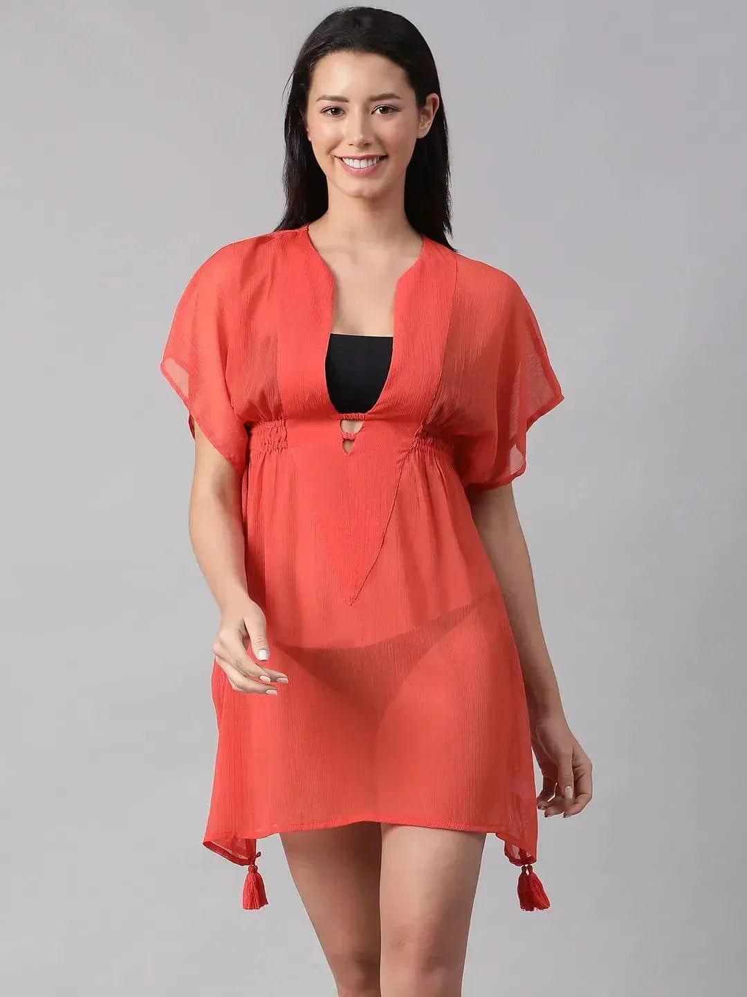 Summer Red Elasticated Lace Detailed Beachwear Kaftan - oxolloxo