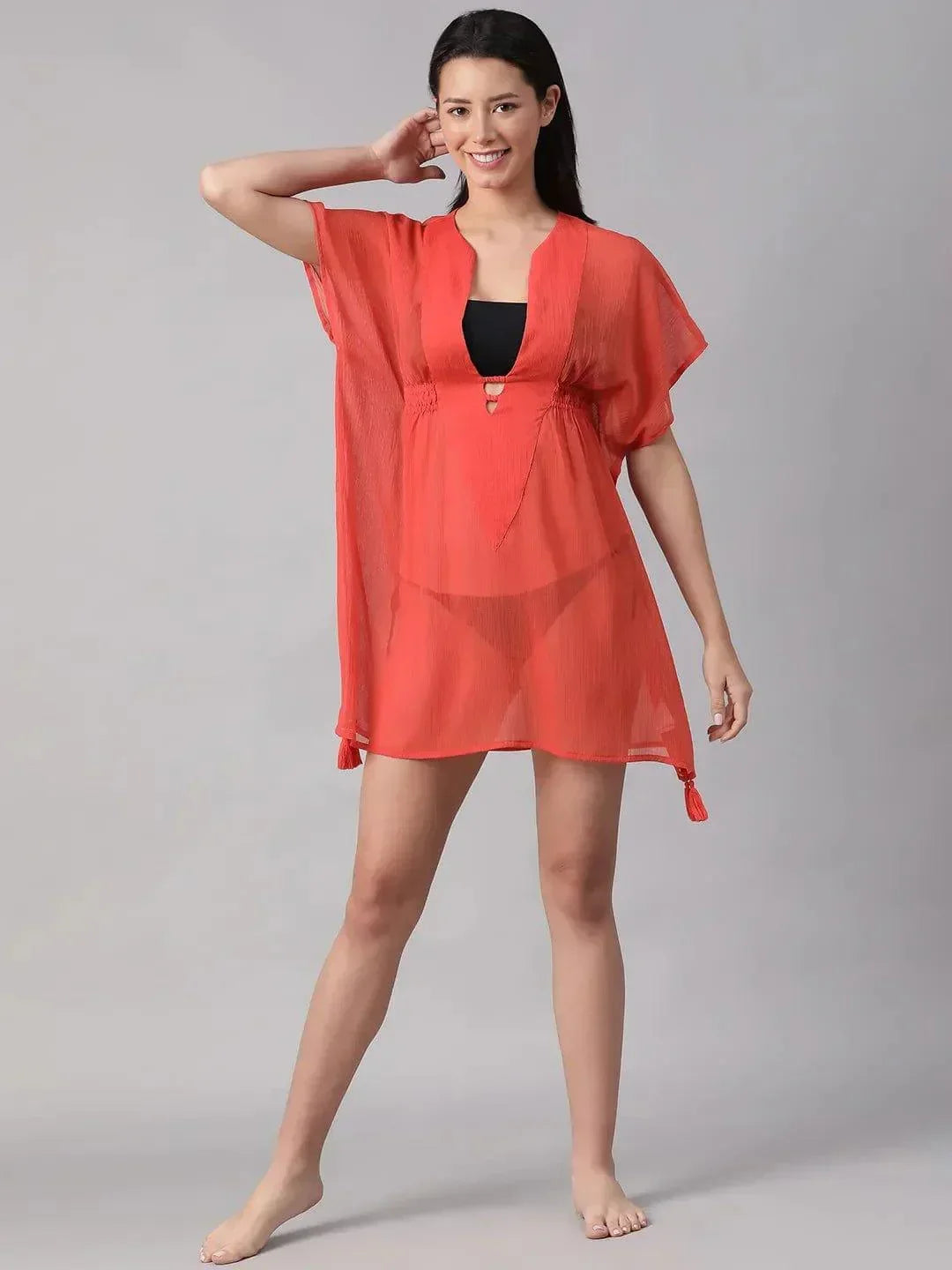 Summer Red Elasticated Lace Detailed Beachwear Kaftan - oxolloxo