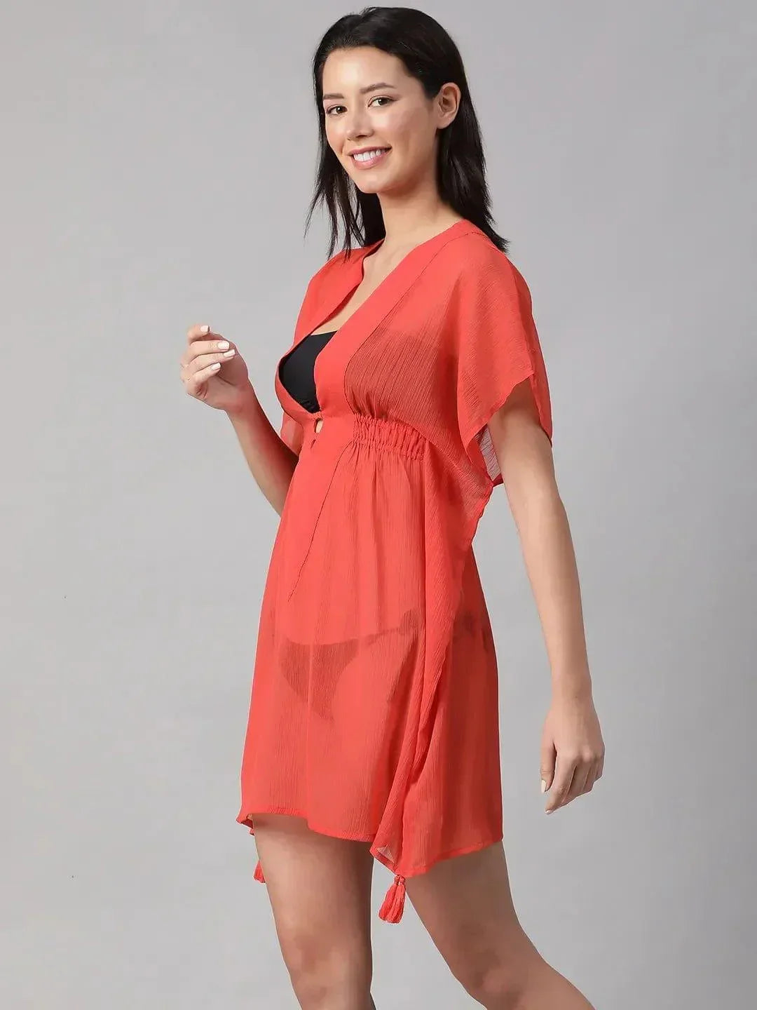 Summer Red Elasticated Lace Detailed Beachwear Kaftan - oxolloxo