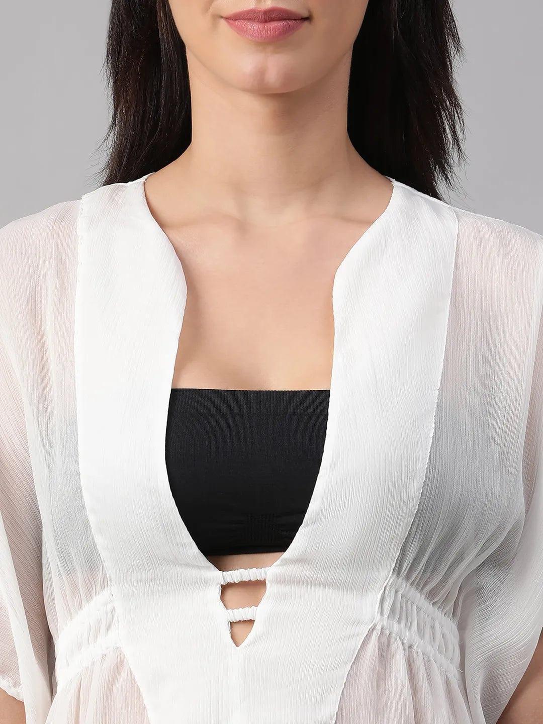 Thrilling White V-Neck Elasticated Lace Detailed Women Beachwear Kaftan - oxolloxo