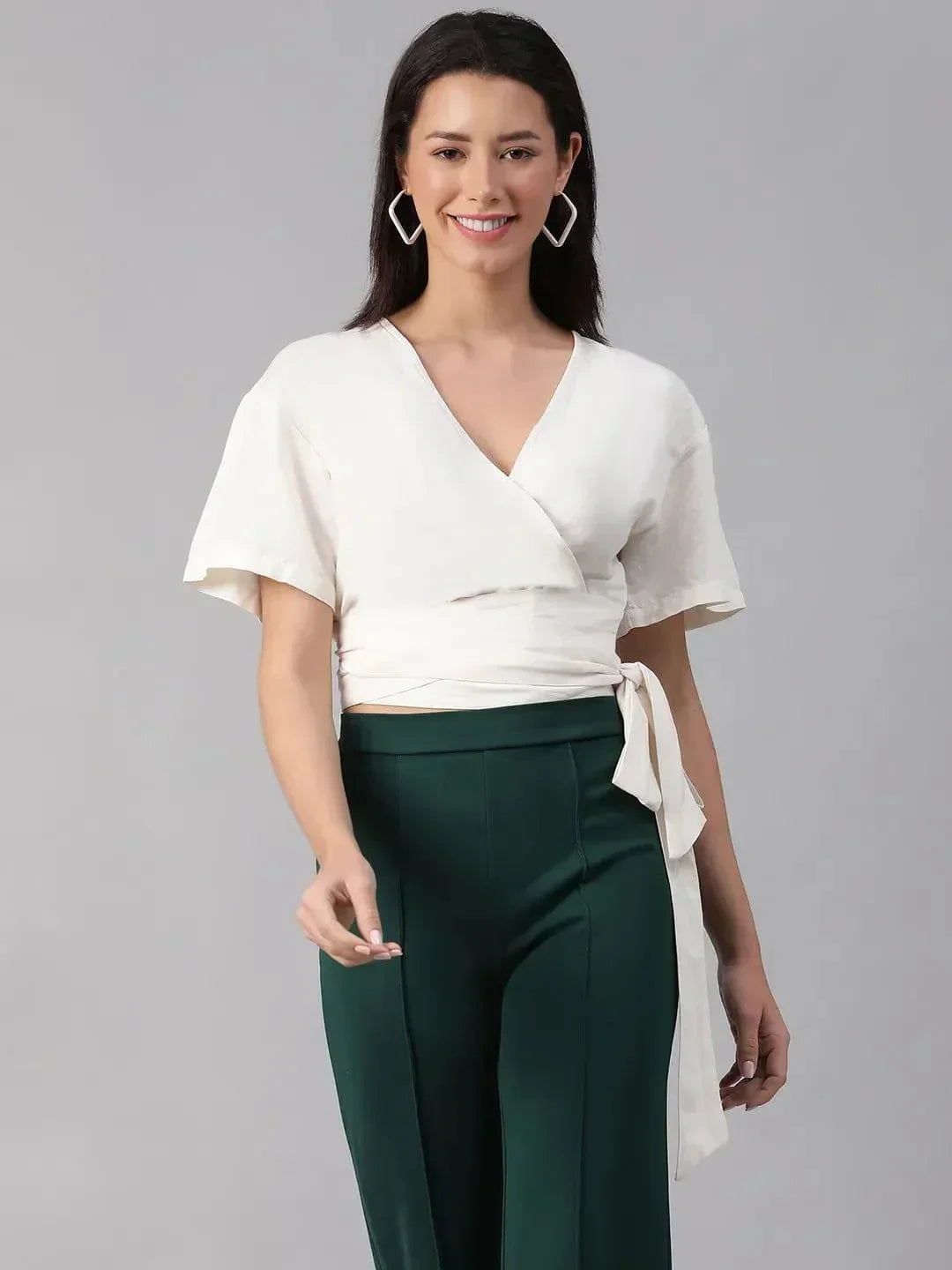 Party White V-Neck Short Sleeve Tie-Knot Belt Crop Top - oxolloxo