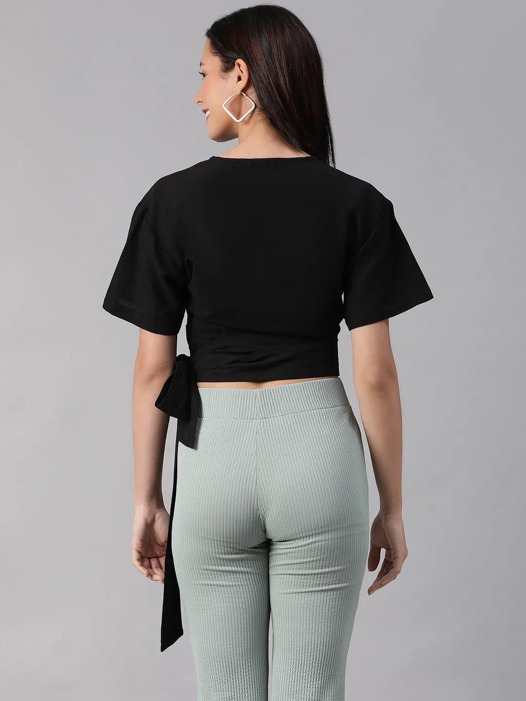 Black Blizz V-Neck Short Sleeve Tie-Knot Belt Crop Top - oxolloxo