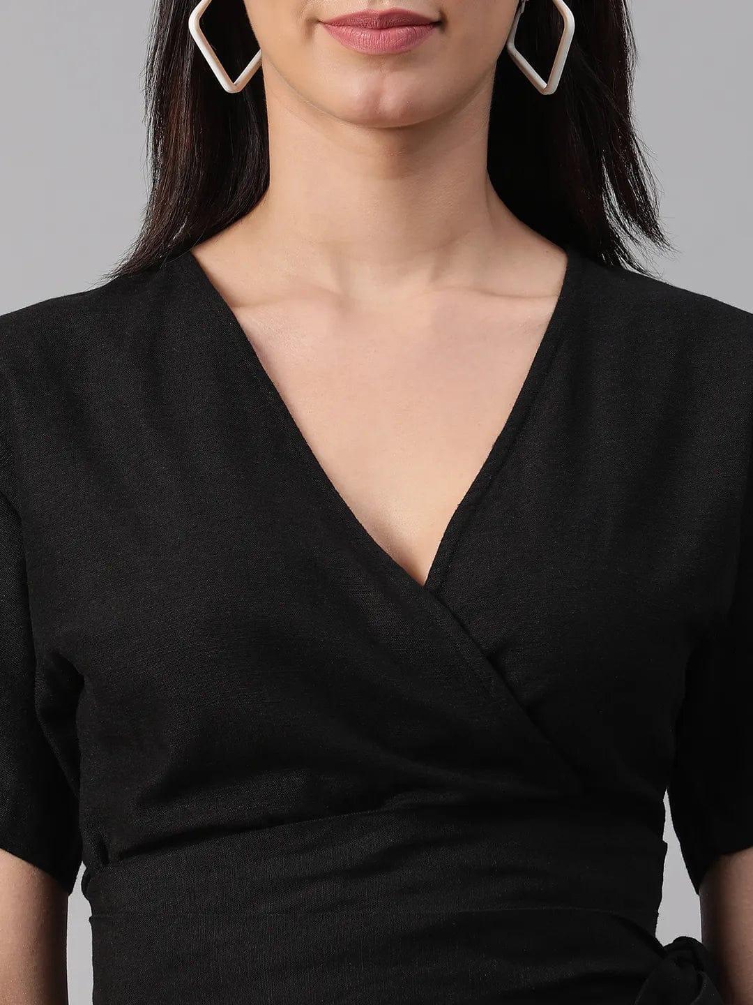 Black Blizz V-Neck Short Sleeve Tie-Knot Belt Crop Top - oxolloxo