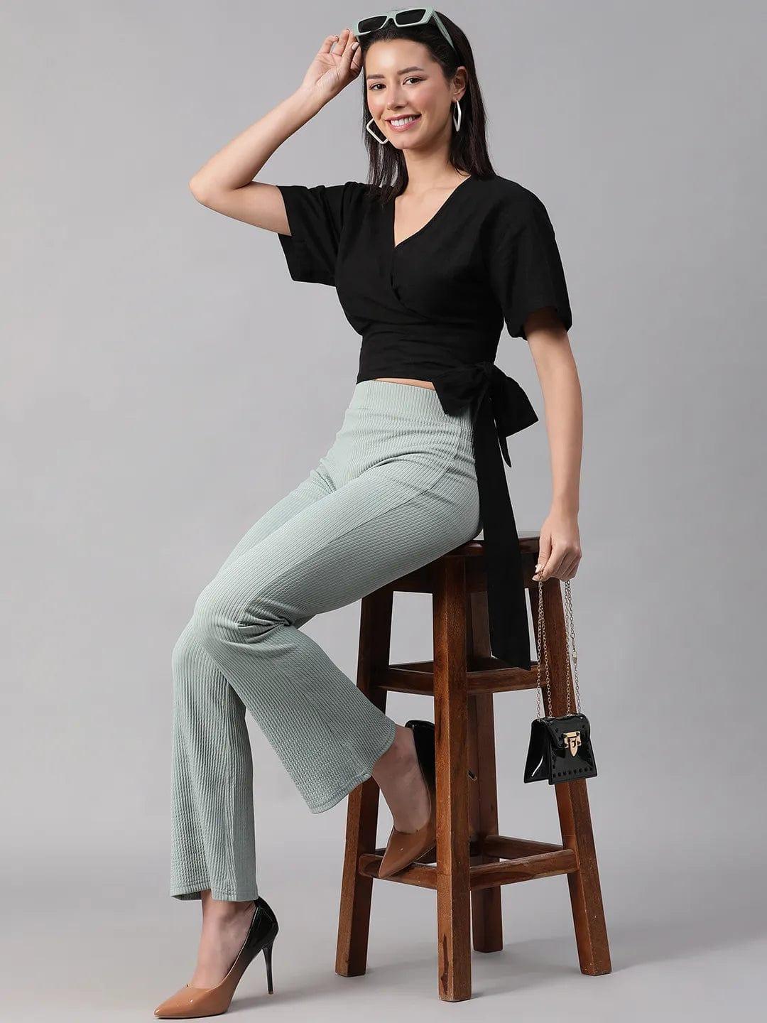 Black Blizz V-Neck Short Sleeve Tie-Knot Belt Crop Top - oxolloxo