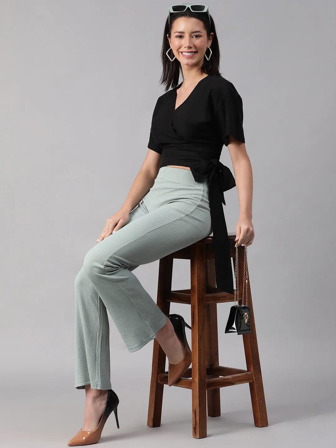 Black Blizz V-Neck Short Sleeve Tie-Knot Belt Crop Top - oxolloxo