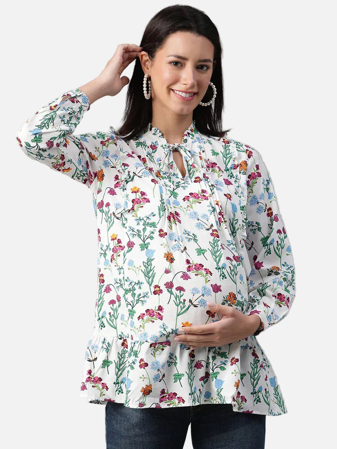 Women White Floral Print Maternity Top