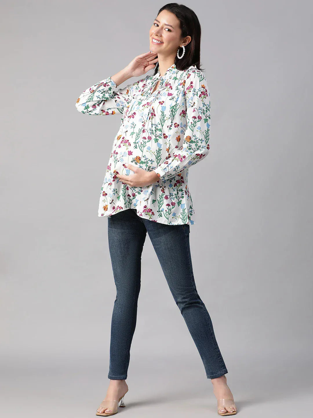 Women White Floral Print Maternity Top