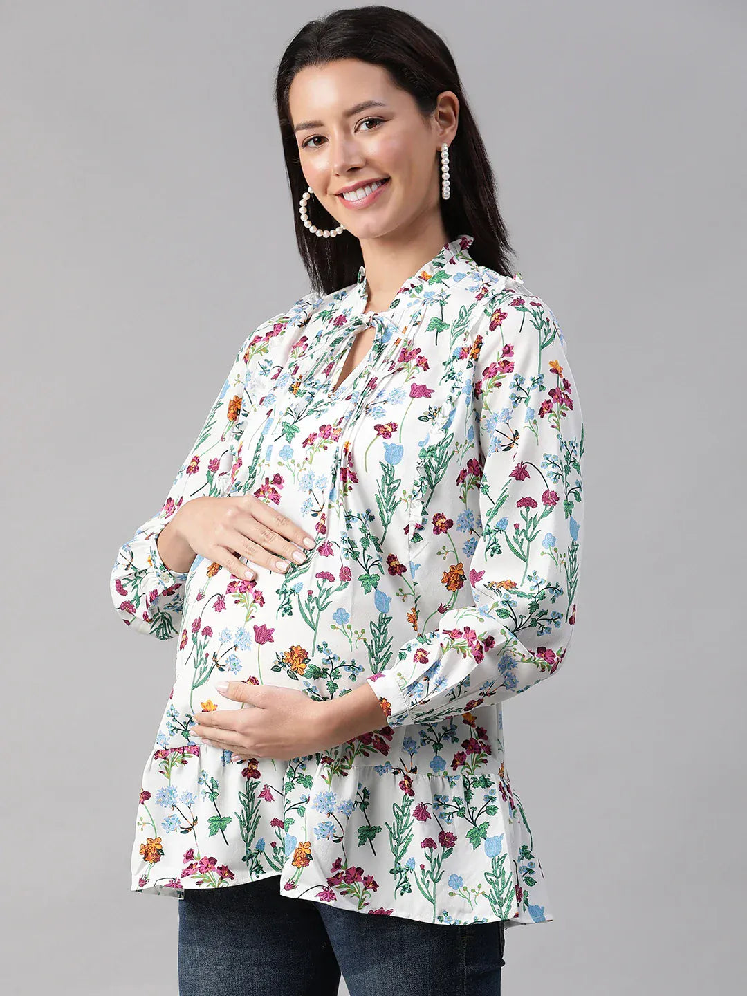 Women White Floral Print Maternity Top