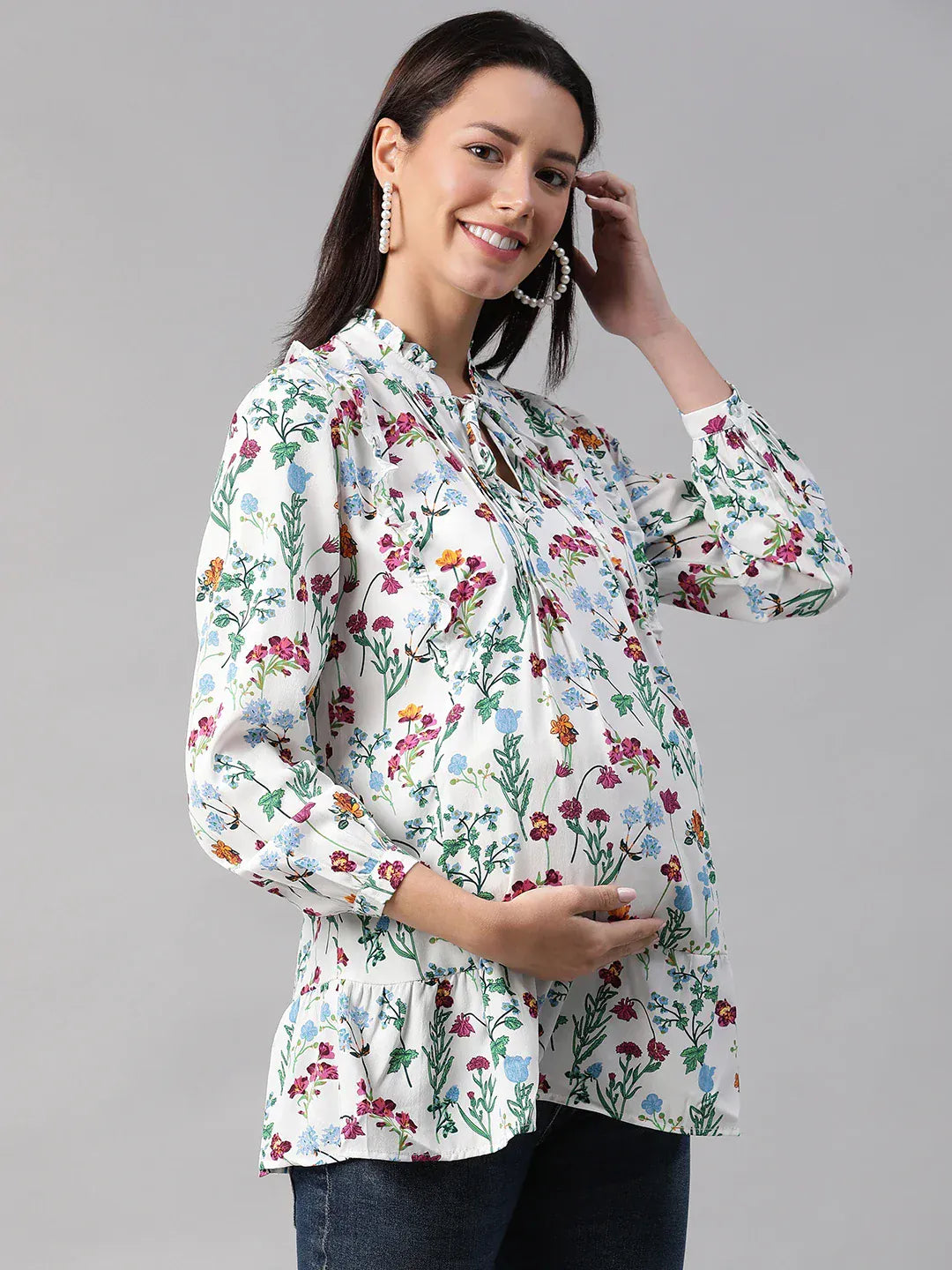 Women White Floral Print Maternity Top