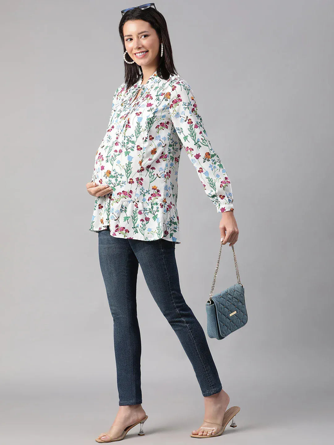 Women White Floral Print Maternity Top