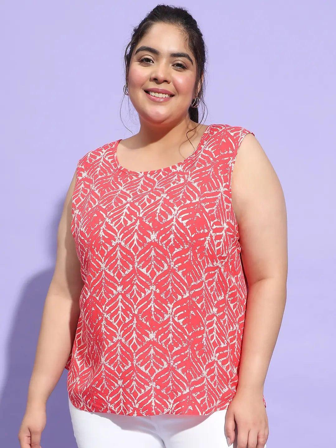 Plus size red printed sleeveless viscose top with round neck