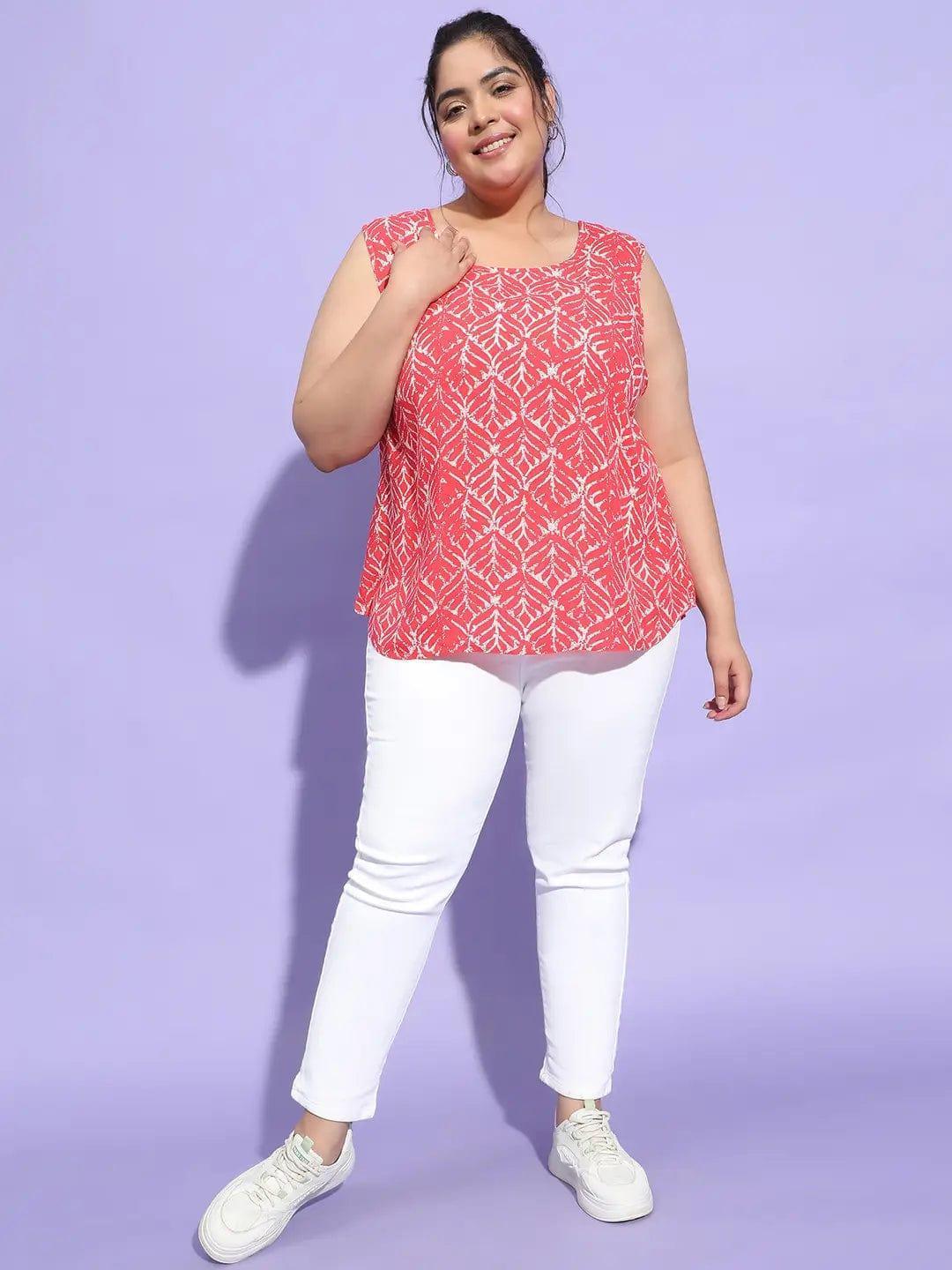 Plus size red printed sleeveless viscose top with round neck, photo 2