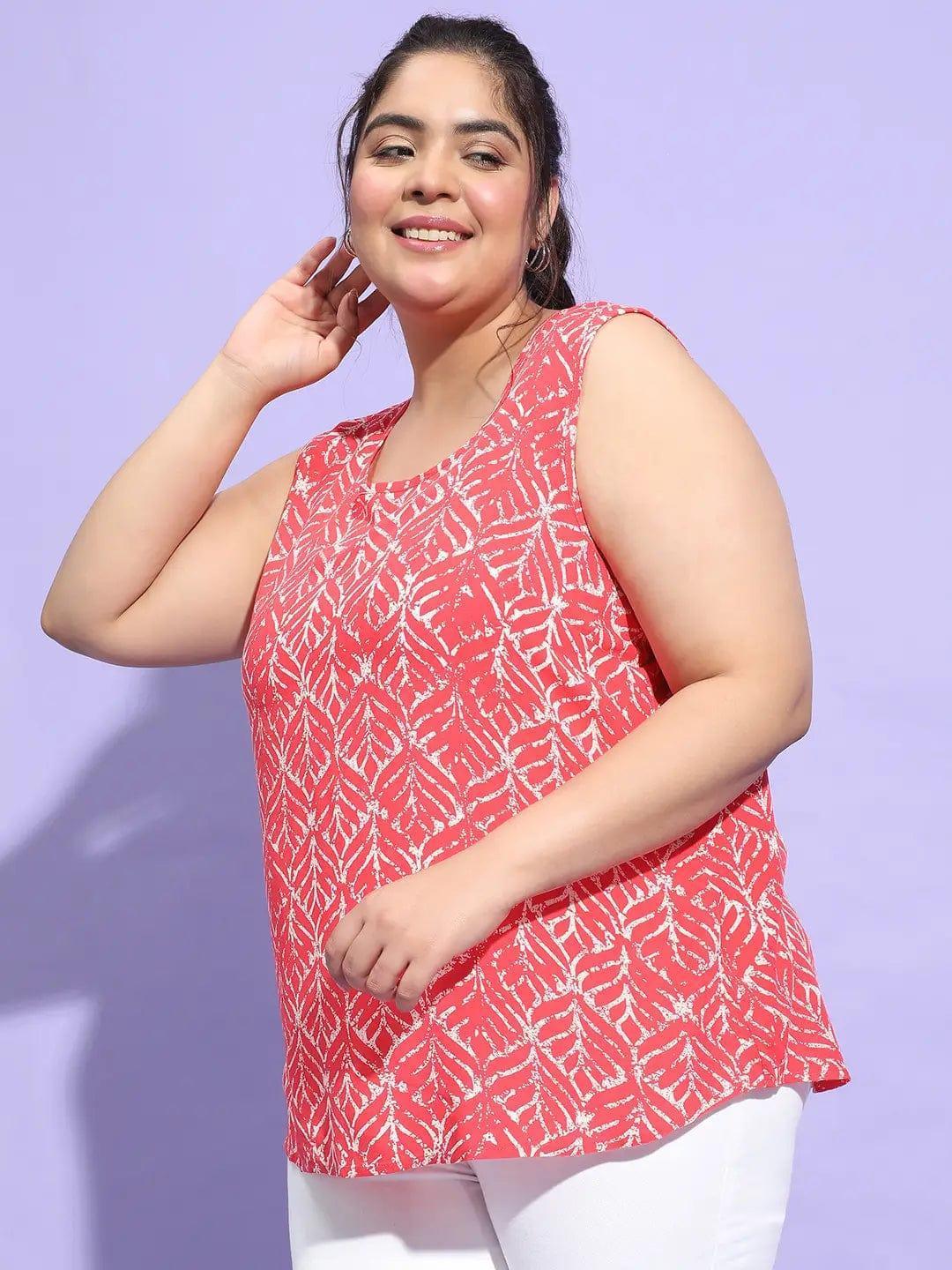 Plus size red printed sleeveless viscose top with round neck, photo 3