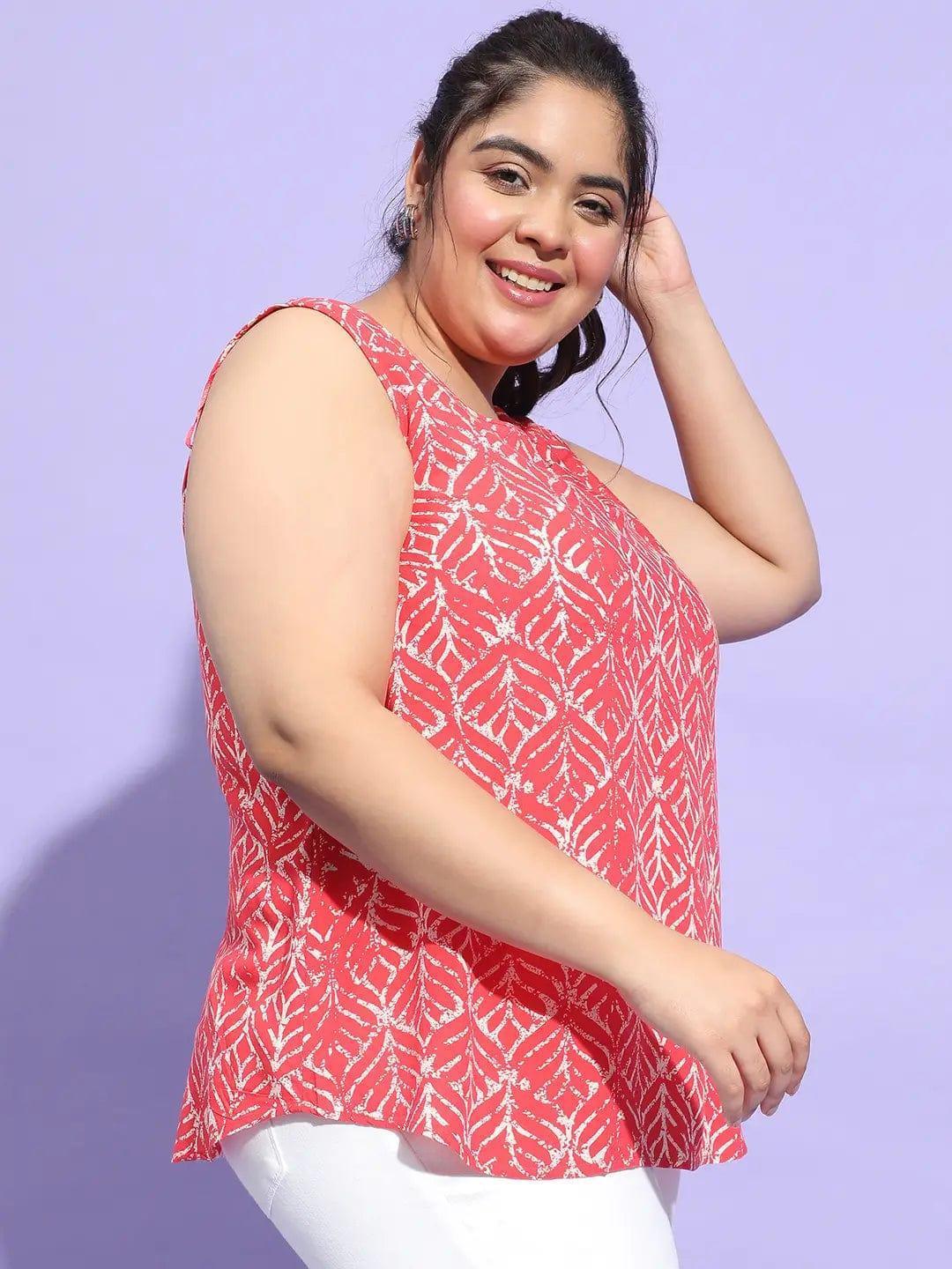 Plus size red printed sleeveless viscose top with round neck, photo 4
