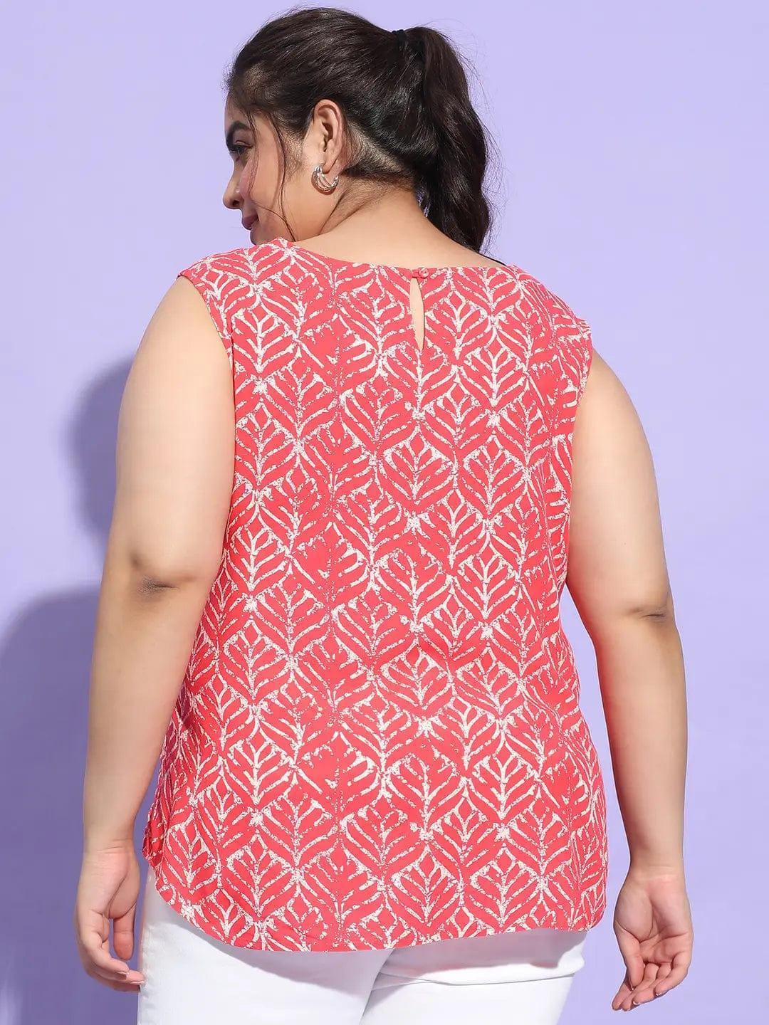 Plus size red printed sleeveless viscose top with round neck, photo 5