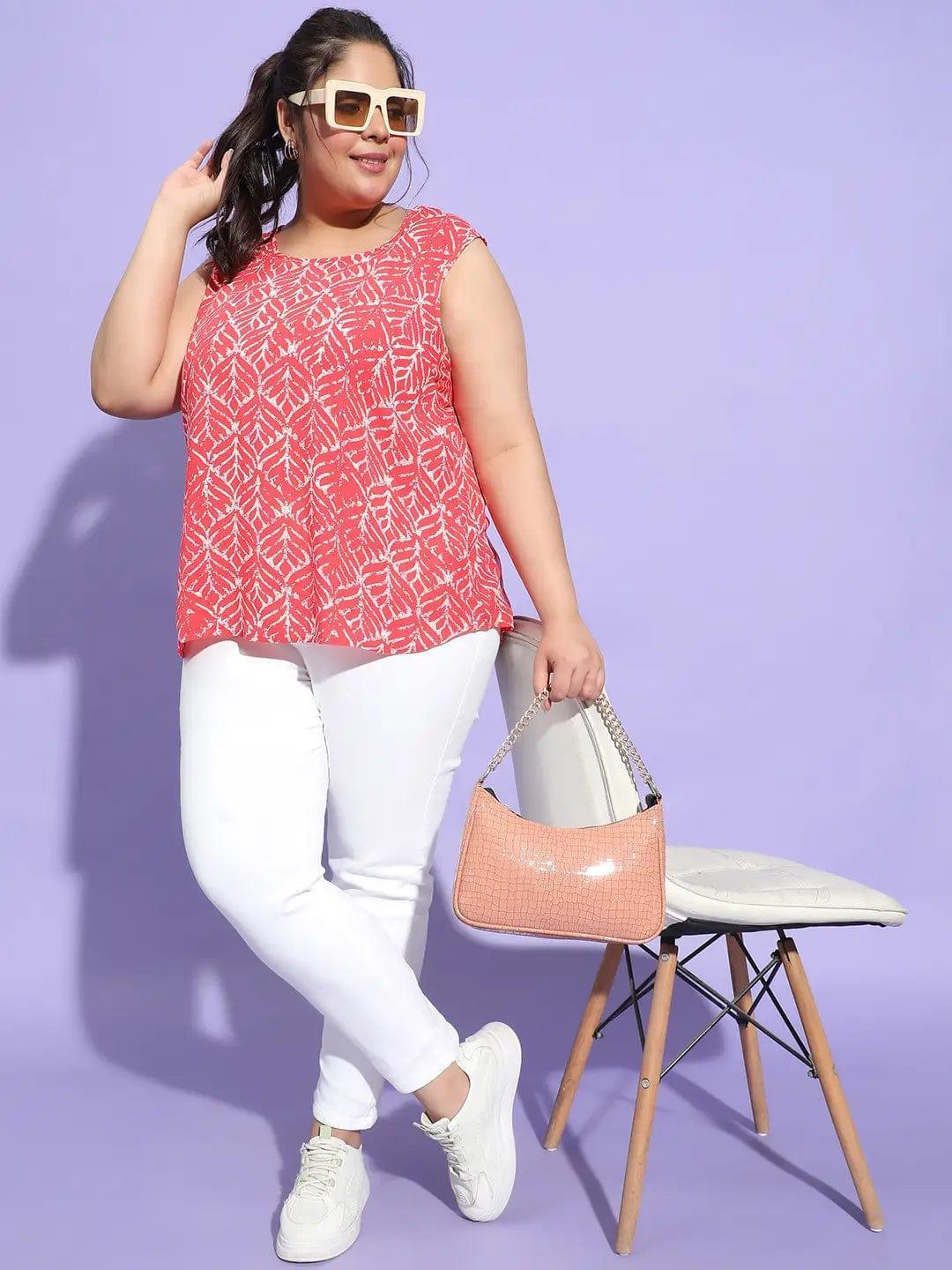 Plus size red printed sleeveless viscose top with round neck, photo 7