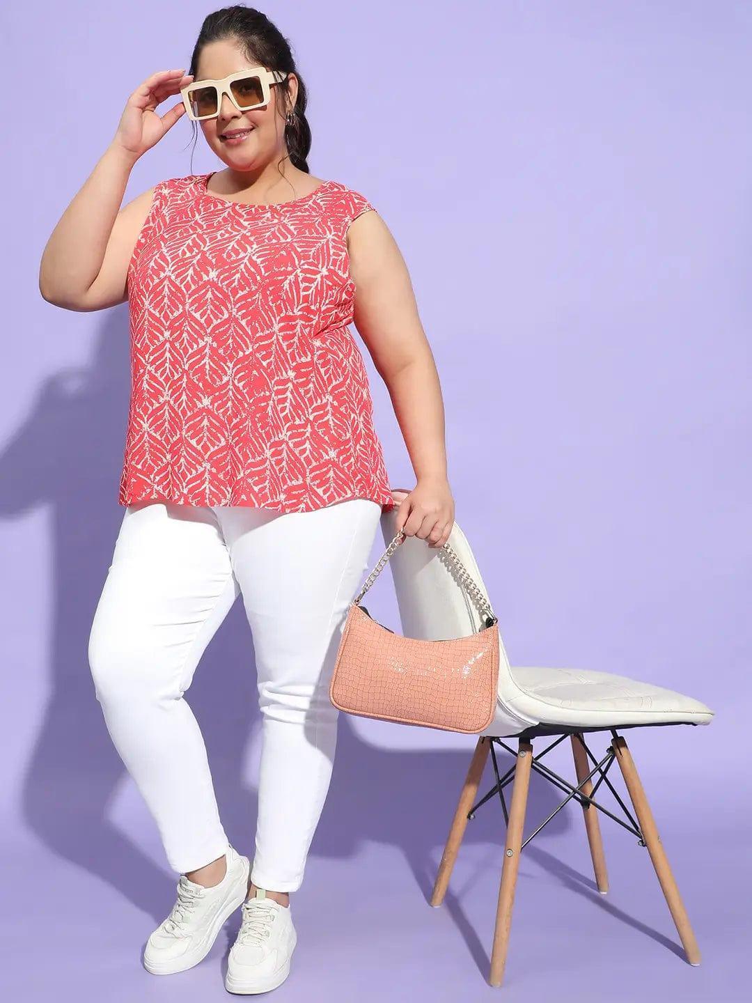 Plus size red printed sleeveless viscose top with round neck, photo 8