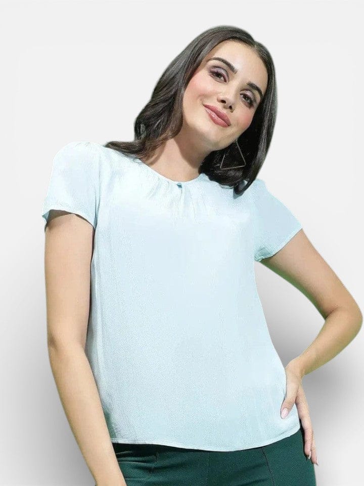 women crepe top light green short sleeve