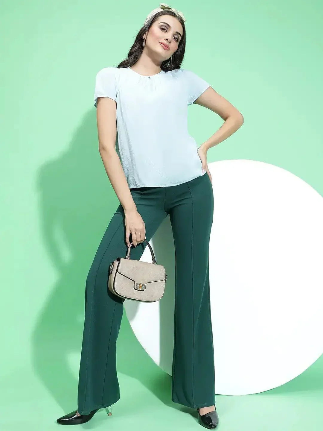 Bangzy Light Green Short Sleeve Womenâ€™s Crepe Women Top - oxolloxo