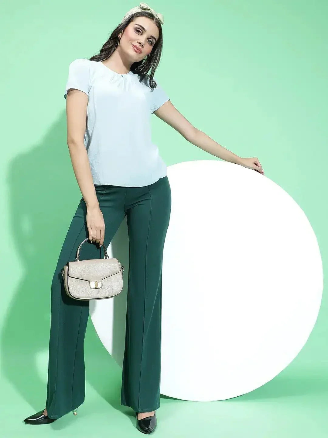 Bangzy Light Green Short Sleeve Womenâ€™s Crepe Women Top - oxolloxo