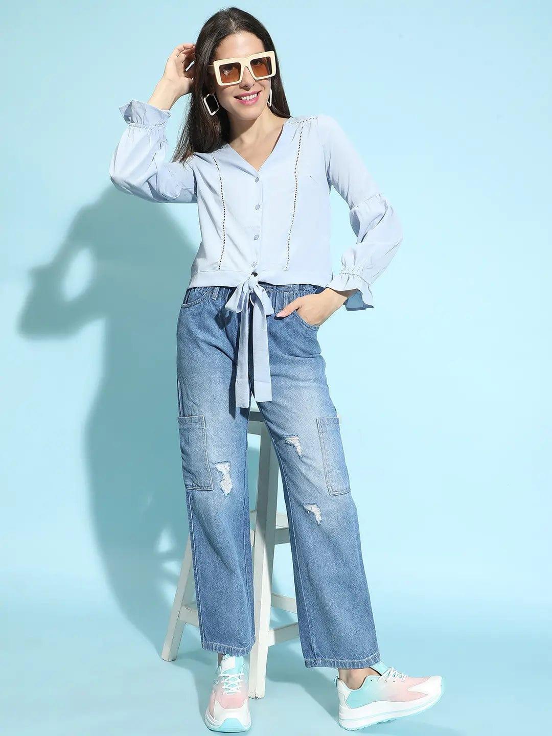 Genz Blue Button-Down Tie-Knotted Lace Detailed Top - oxolloxo