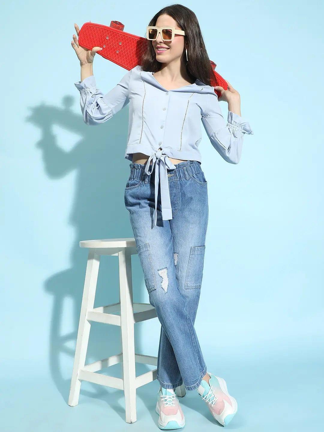 Genz Blue Button-Down Tie-Knotted Lace Detailed Top - oxolloxo