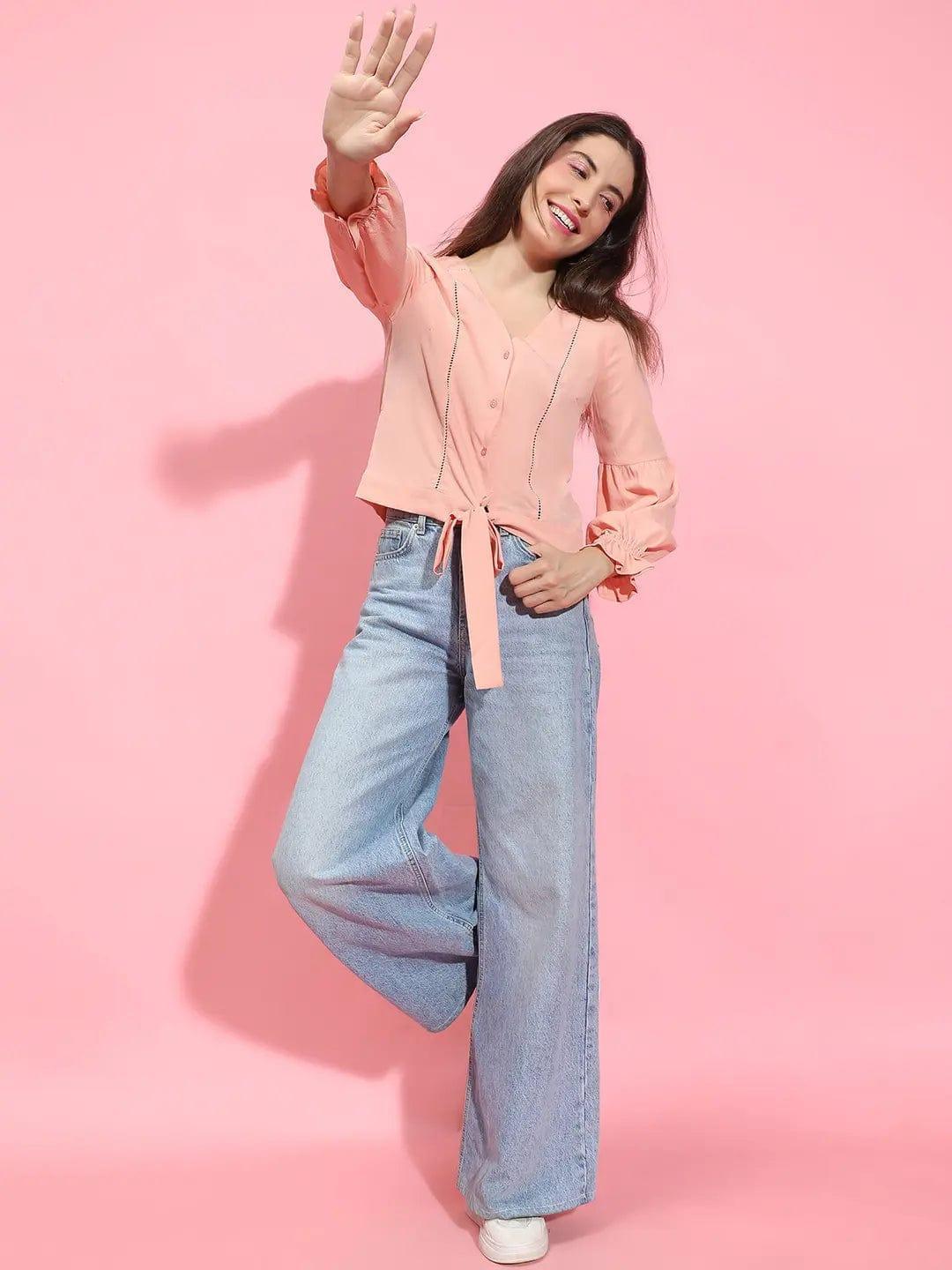 Specific Peach Button-Down Tie-Knotted Lace Detailed Top - oxolloxo