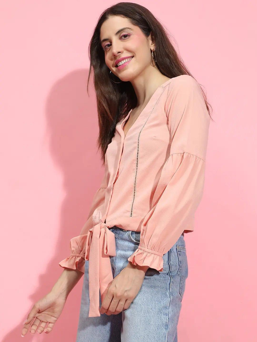 Specific Peach Button-Down Tie-Knotted Lace Detailed Top - oxolloxo