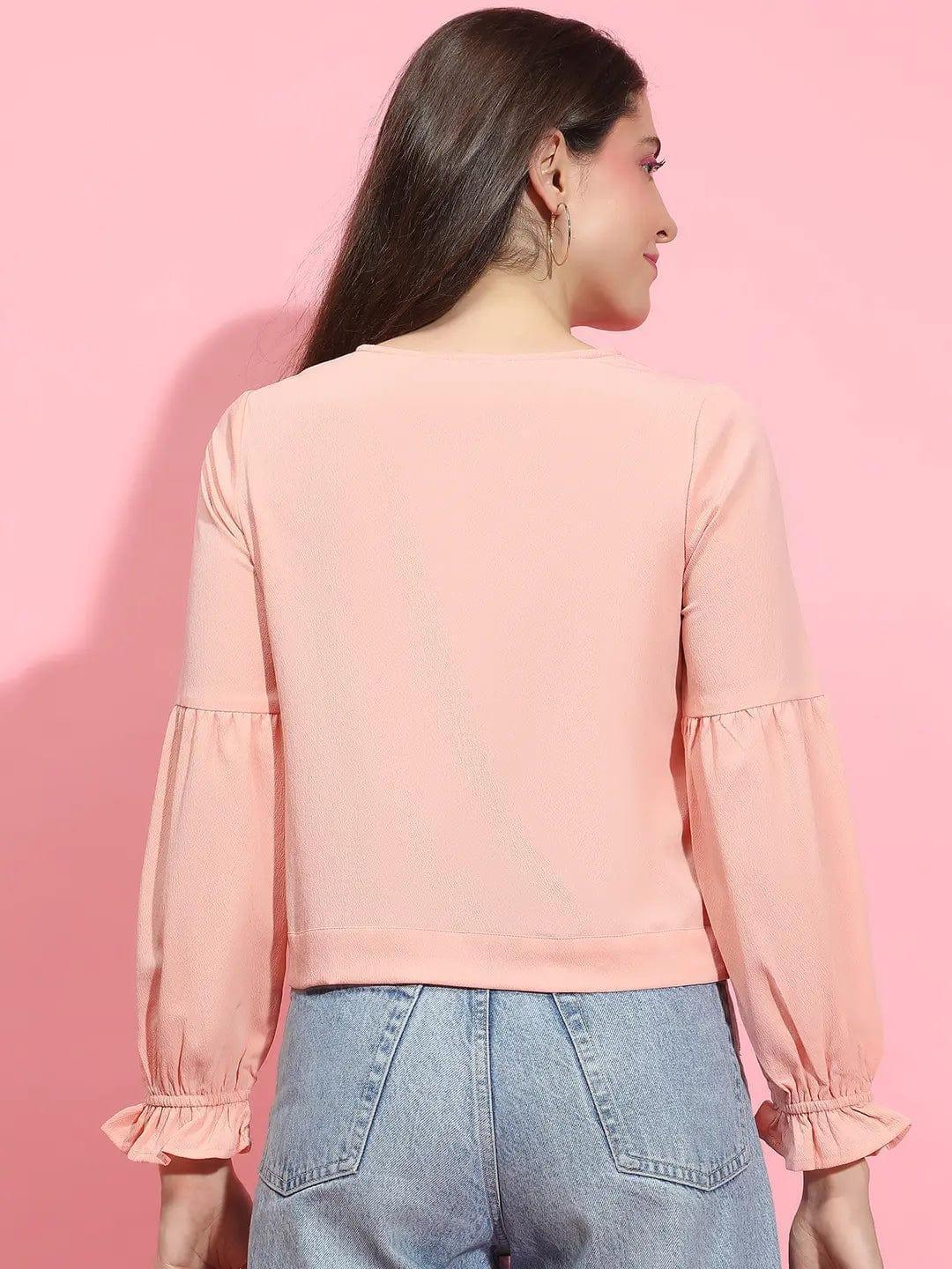 Specific Peach Button-Down Tie-Knotted Lace Detailed Top - oxolloxo