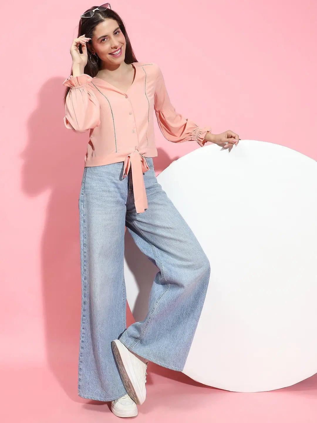 Specific Peach Button-Down Tie-Knotted Lace Detailed Top - oxolloxo