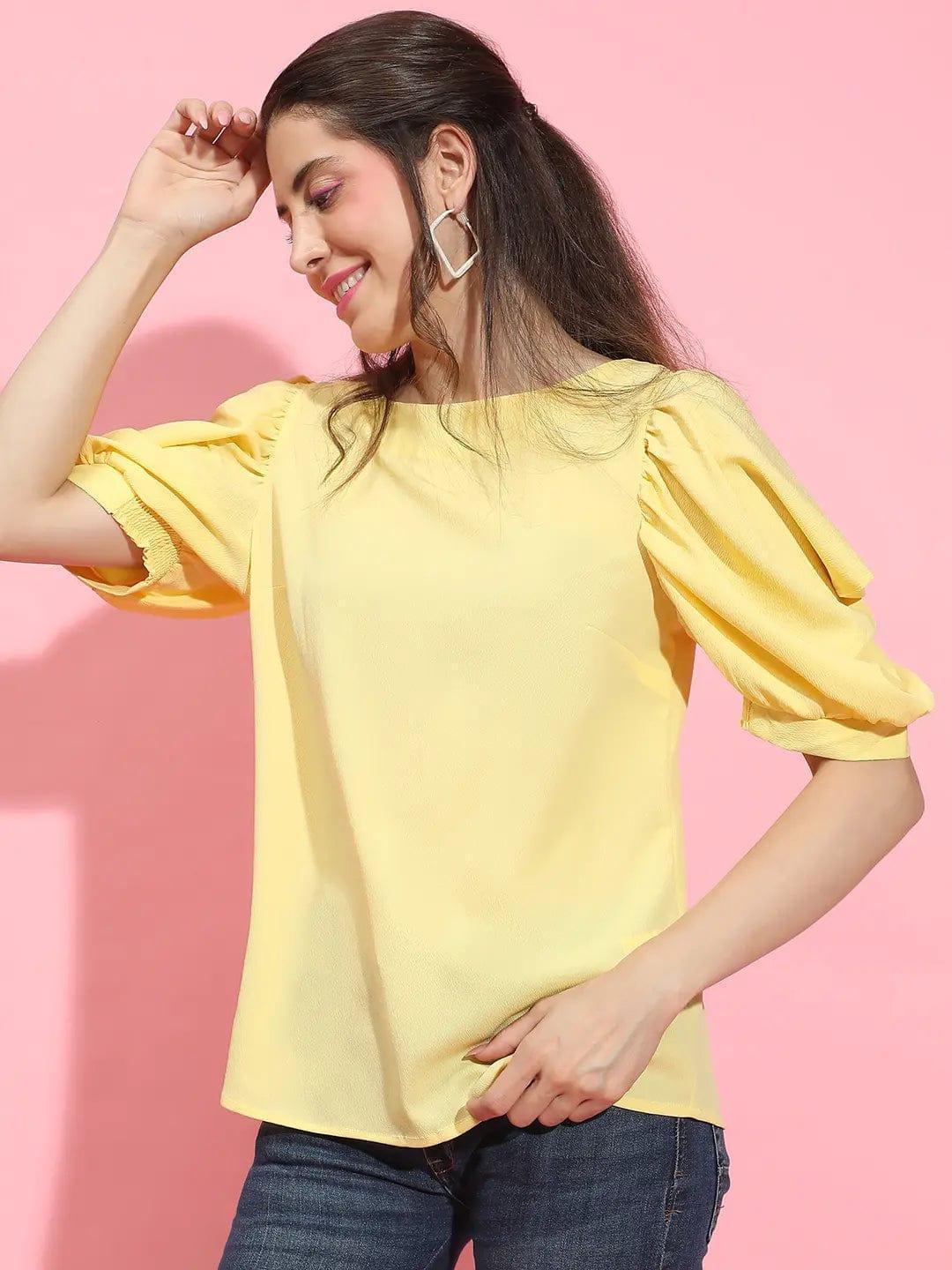 Sunshine Solid Yellow Puff Sleeve Top for Women - oxolloxo