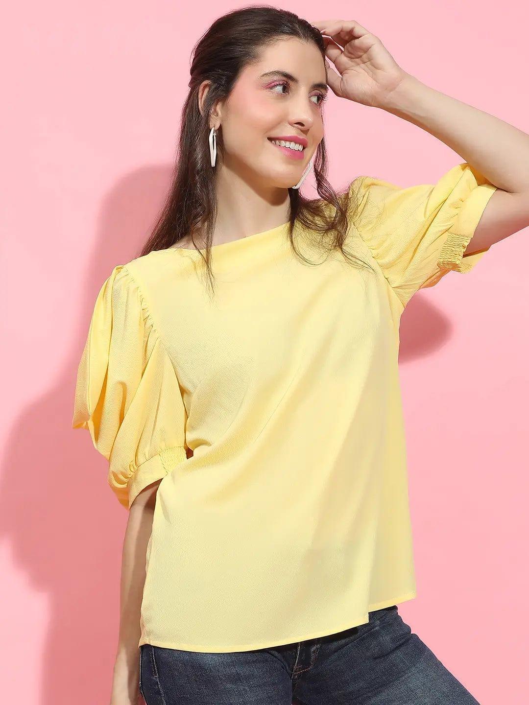 Sunshine Solid Yellow Puff Sleeve Top for Women - oxolloxo