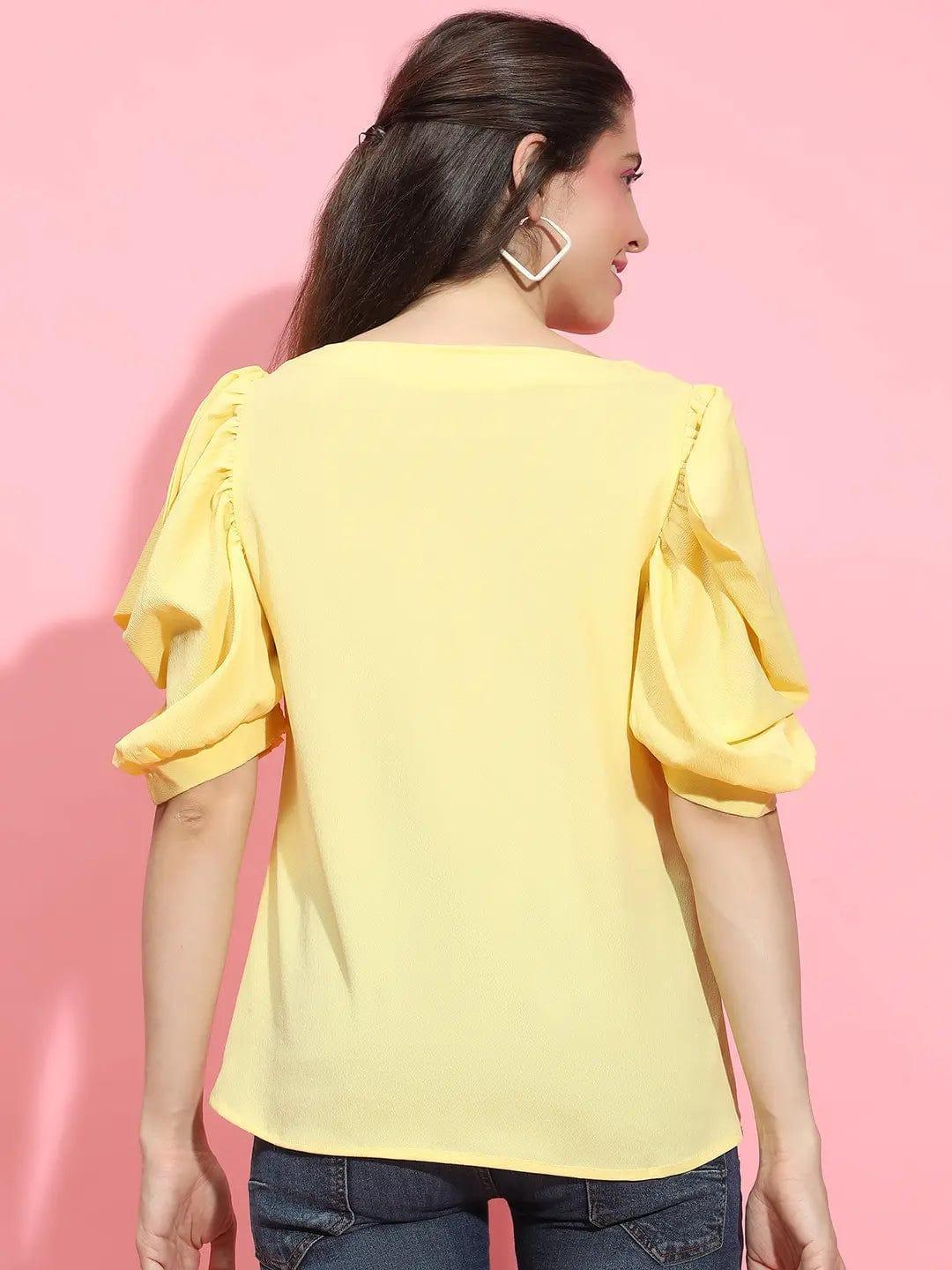 Sunshine Solid Yellow Puff Sleeve Top for Women - oxolloxo
