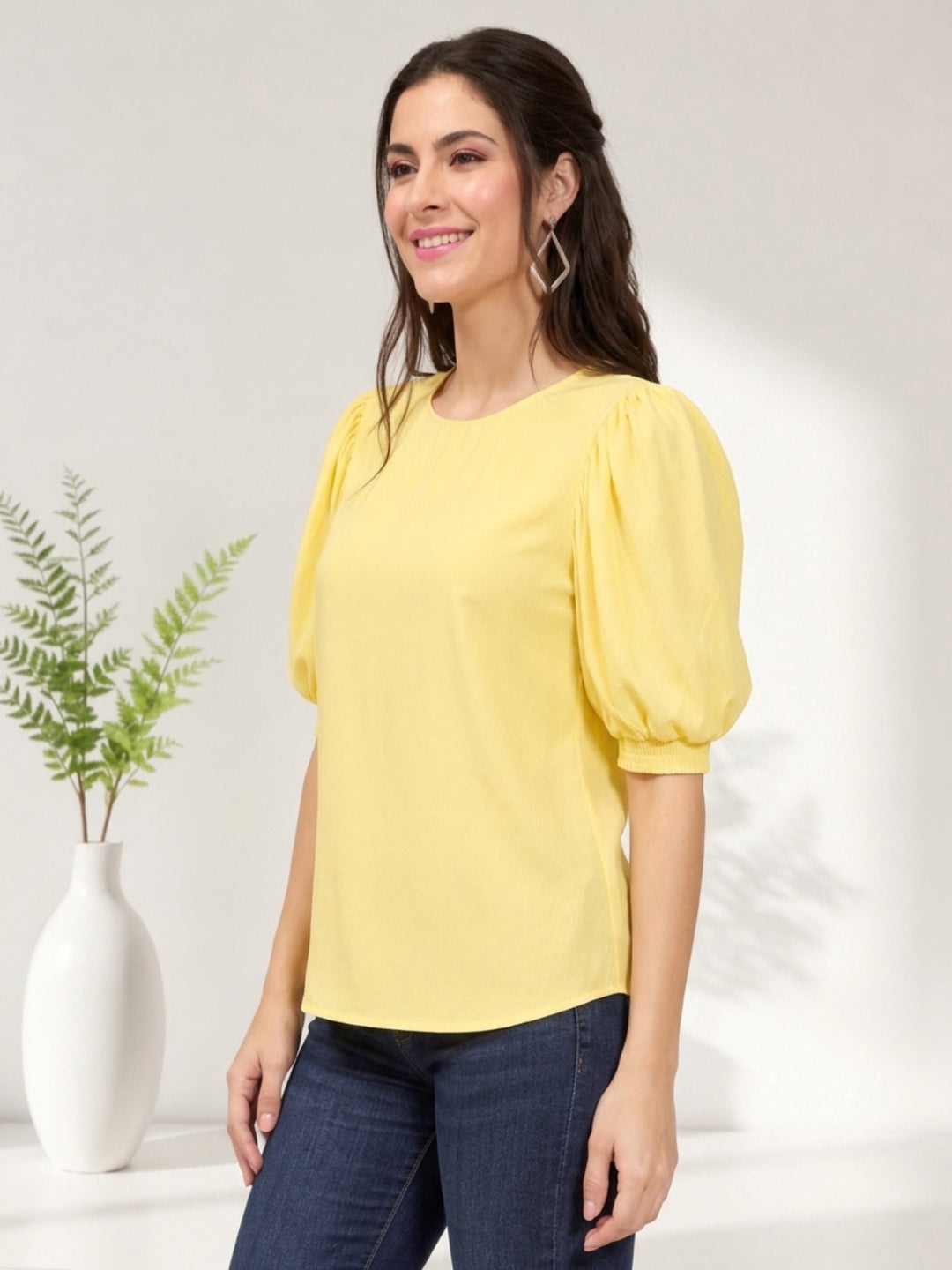 Yellow puff sleeve top for women, stylish casual blouse with round neck, paired with jeans for everyday wear