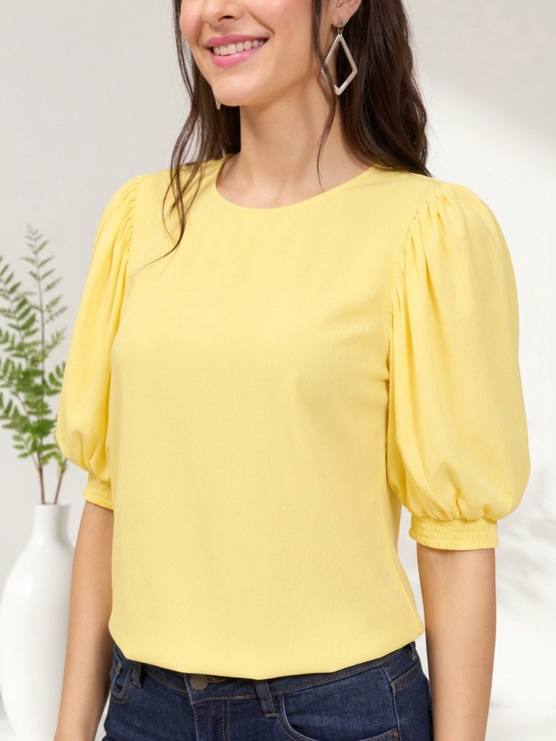 Yellow puff sleeve top for women, trendy plus size fashion blouse with round neck and elastic cuffs