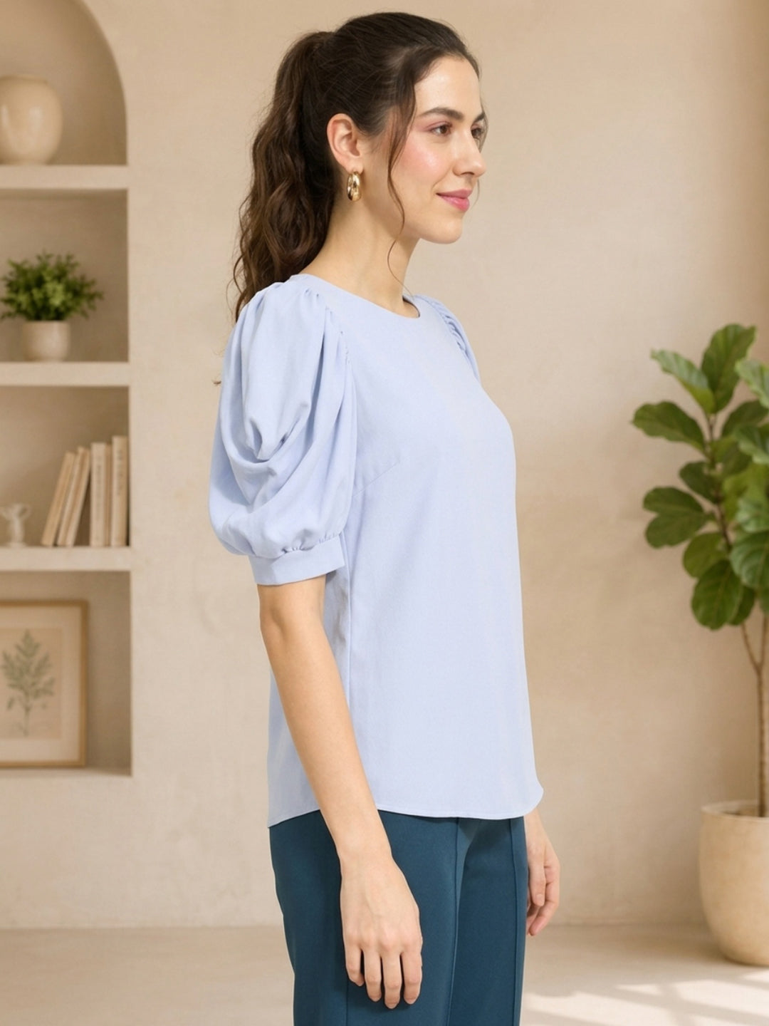 Light blue puff sleeve blouse for women, stylish and comfortable fashion top