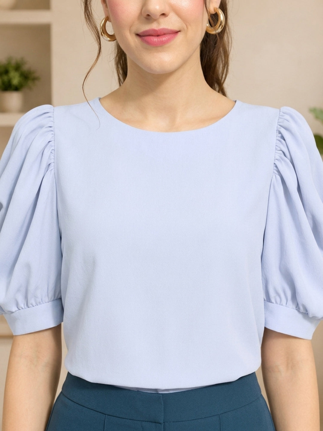 Light blue women's blouse with puff sleeves, round neckline, plus size fashion