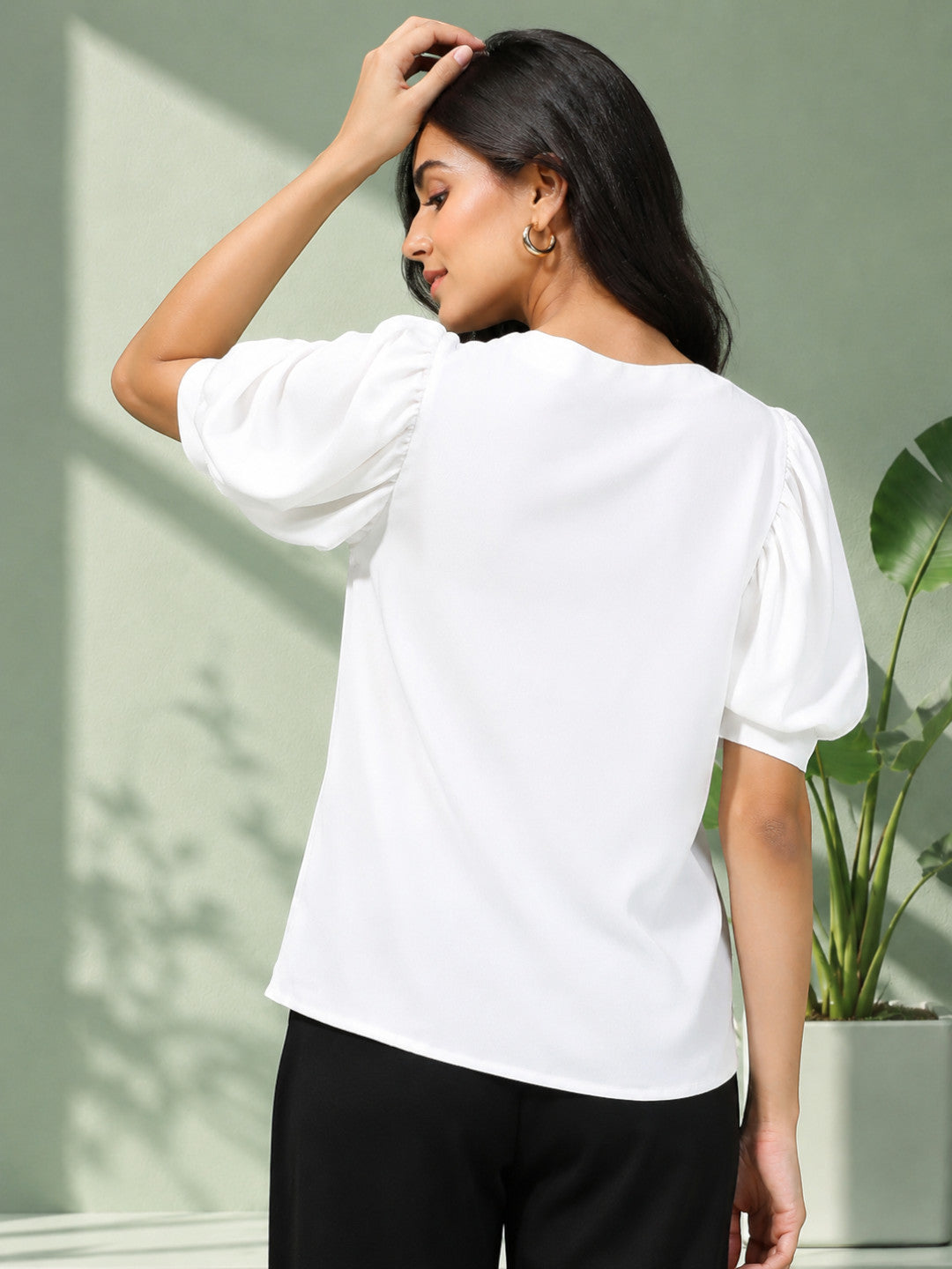 White puff sleeve blouse for women, stylish plus size fashion top with black pants