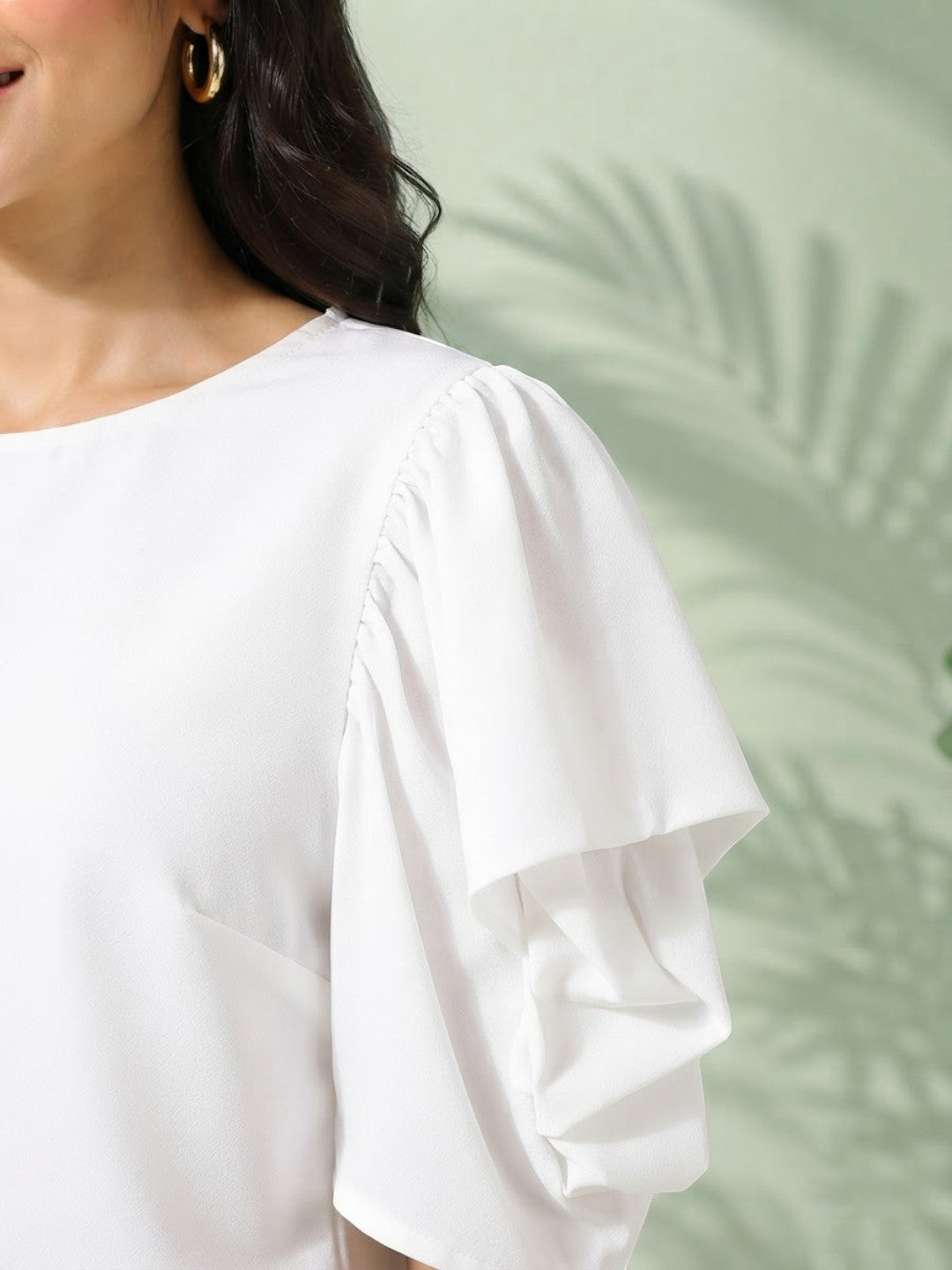 White ruffled sleeve top for women, stylish plus size fashion with elegant puff sleeves and soft fabric