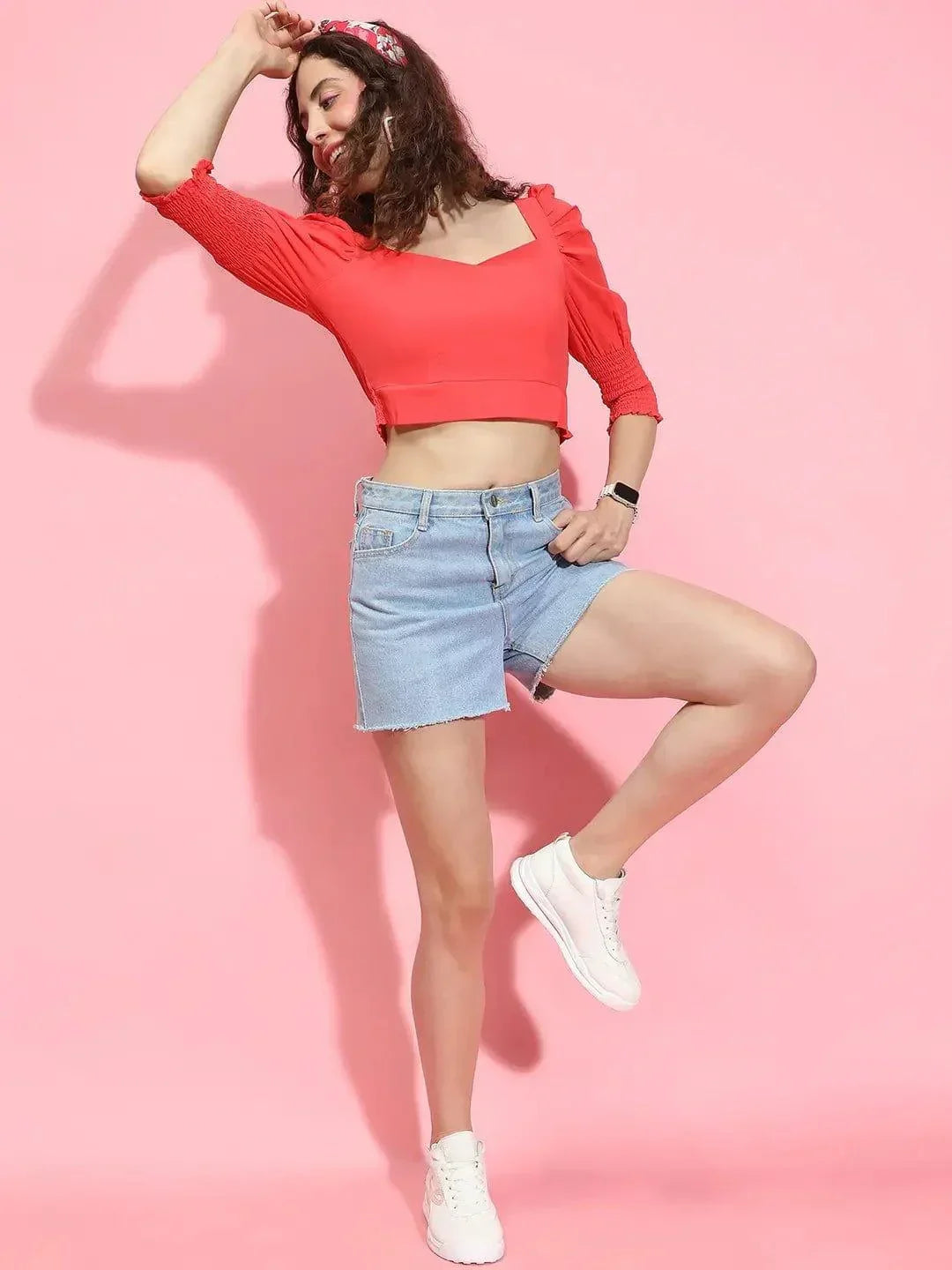 Radiant Red Puff-Sleeved Polyester Crop Top for Women - oxolloxo