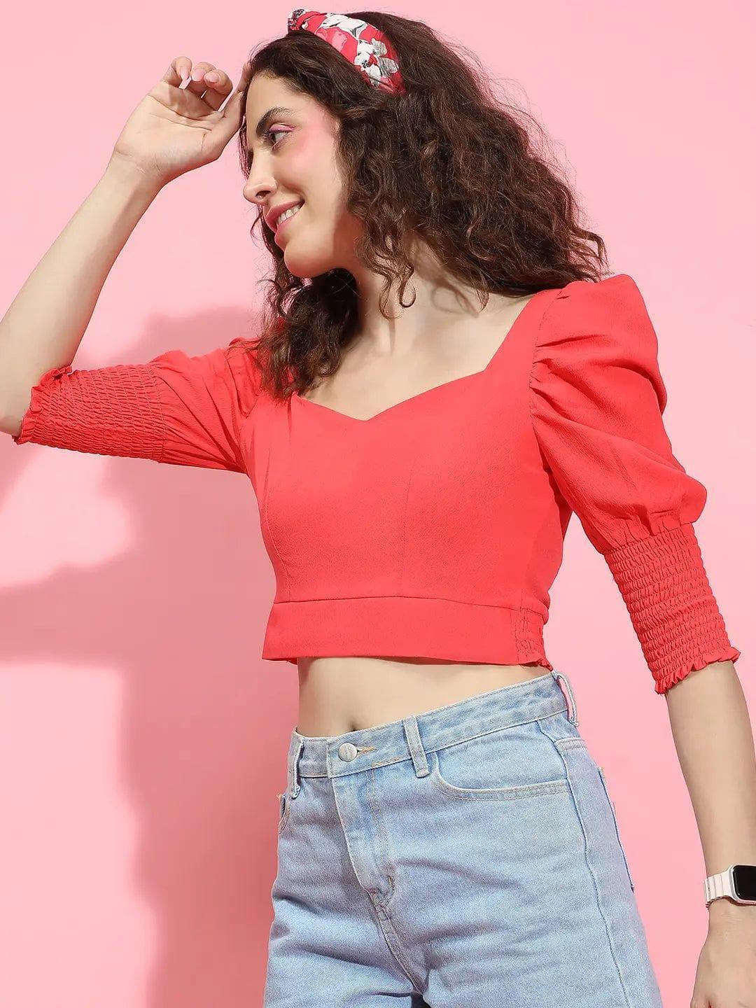 Radiant Red Puff-Sleeved Polyester Crop Top for Women - oxolloxo