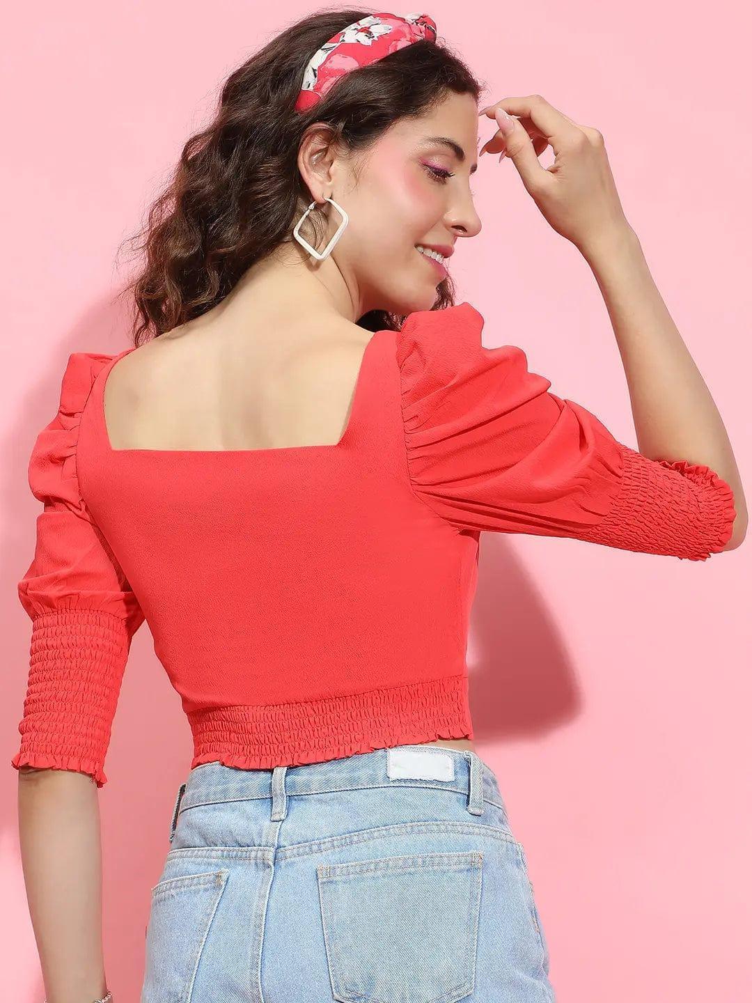 Radiant Red Puff-Sleeved Polyester Crop Top for Women - oxolloxo