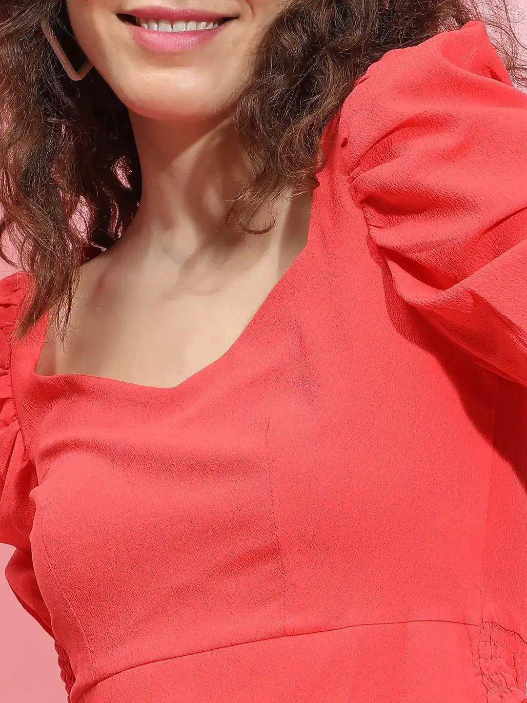 Radiant Red Puff-Sleeved Polyester Crop Top for Women - oxolloxo