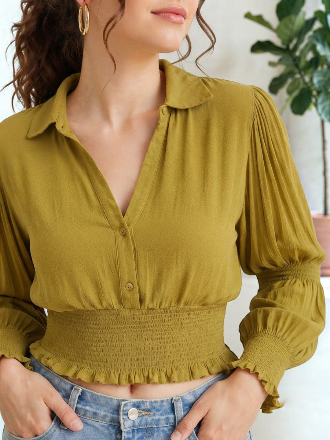 Olive green button-up blouse with smocked waist, puff sleeves, and ruffle hem for women's fashion