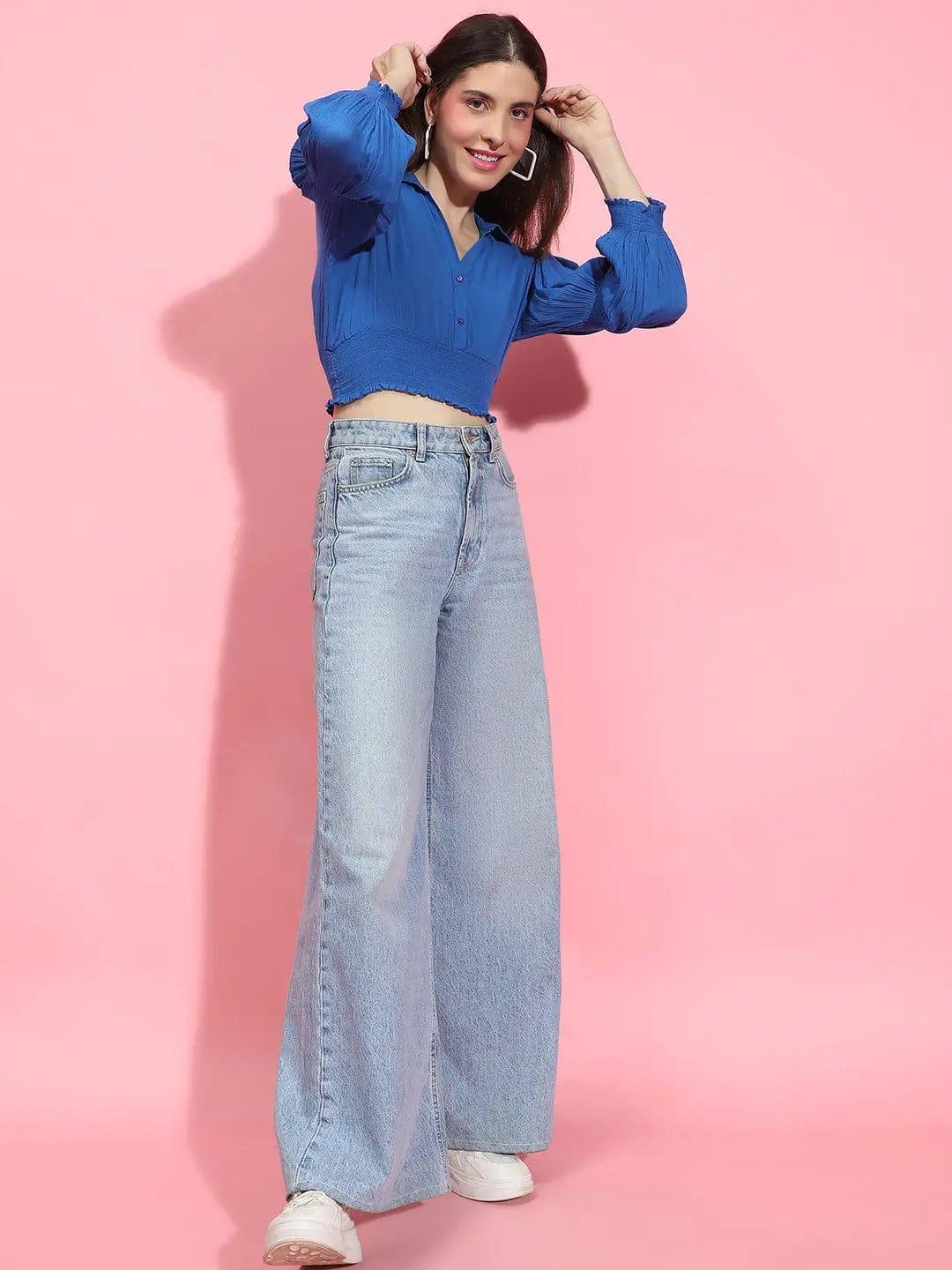 Whale Blue Collared Long Sleeve Smocked Crop Top - oxolloxo