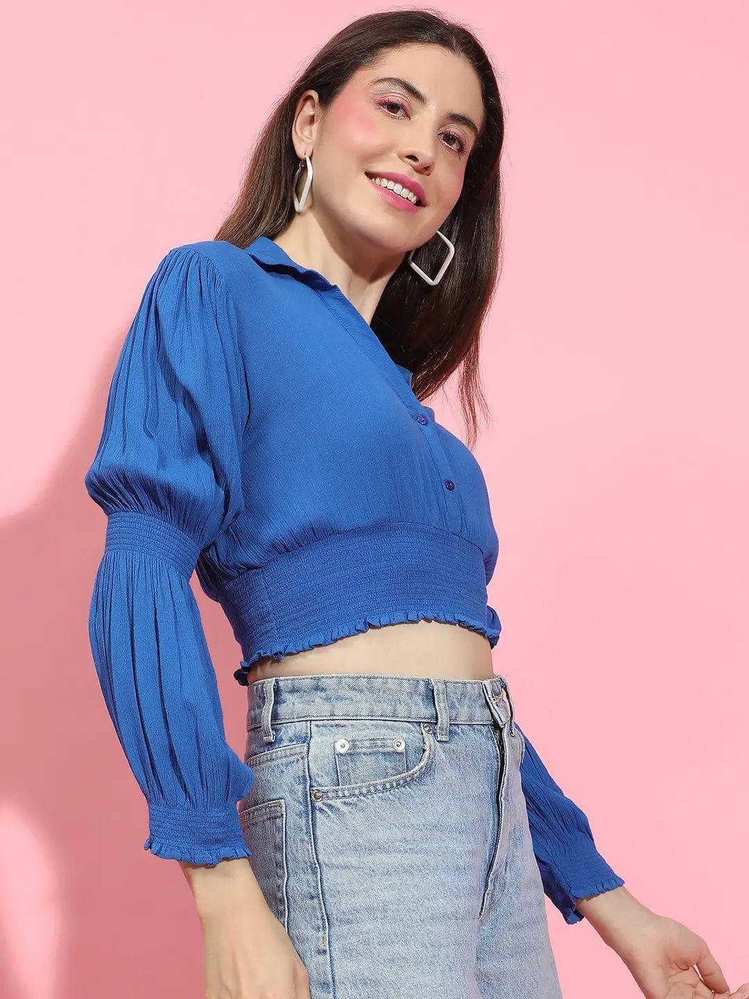 Whale Blue Collared Long Sleeve Smocked Crop Top - oxolloxo