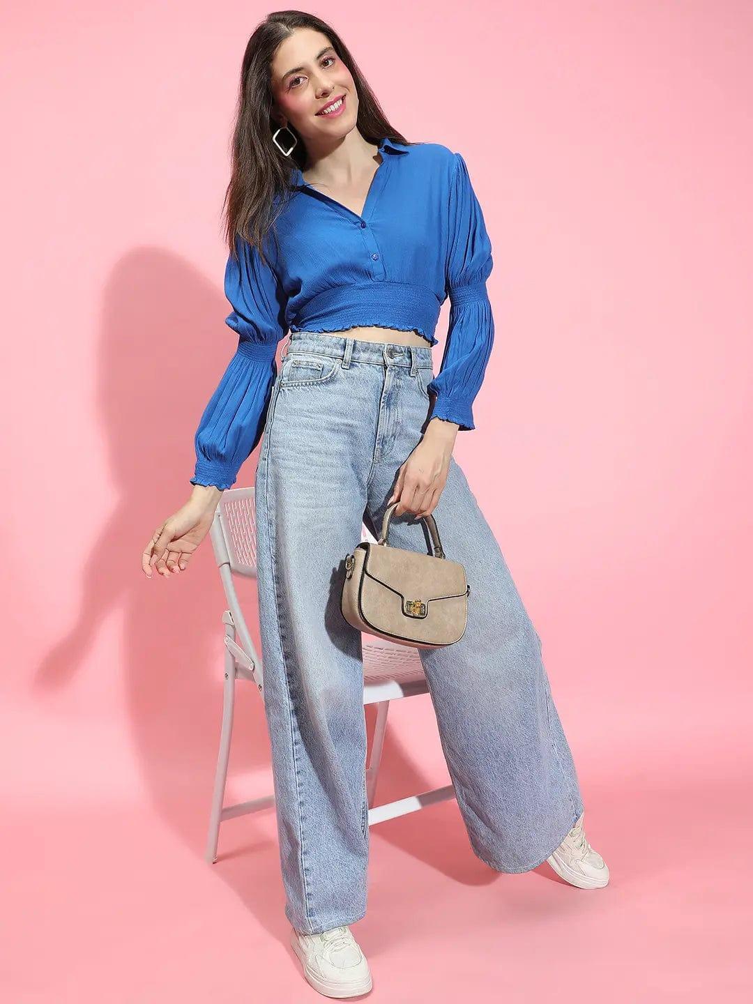 Whale Blue Collared Long Sleeve Smocked Crop Top - oxolloxo