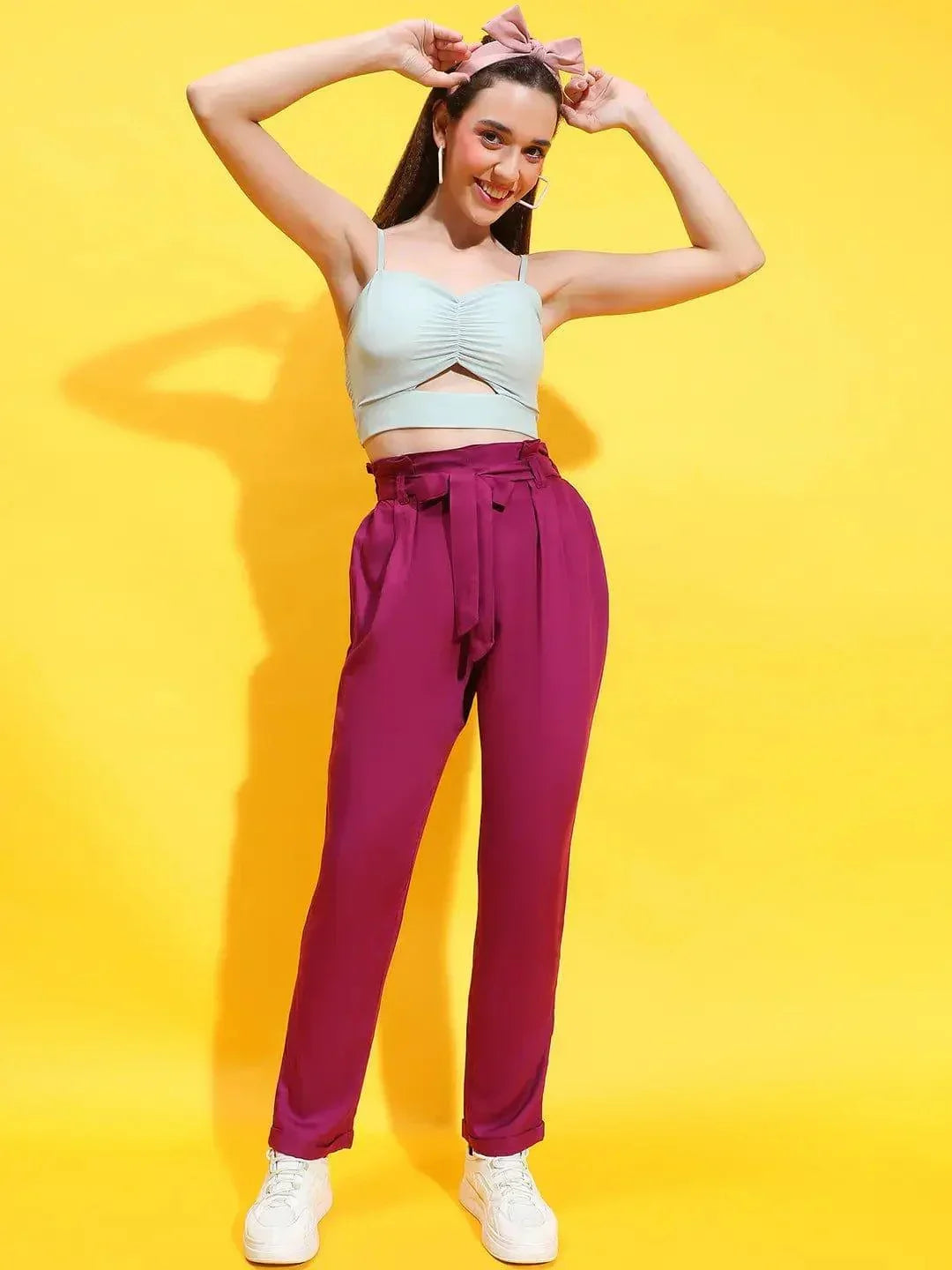 Enigmatic Maroon Elasticated Tie-Knotted Women Trouser - oxolloxo