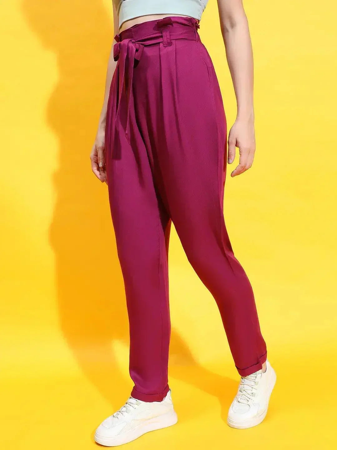 Enigmatic Maroon Elasticated Tie-Knotted Women Trouser - oxolloxo