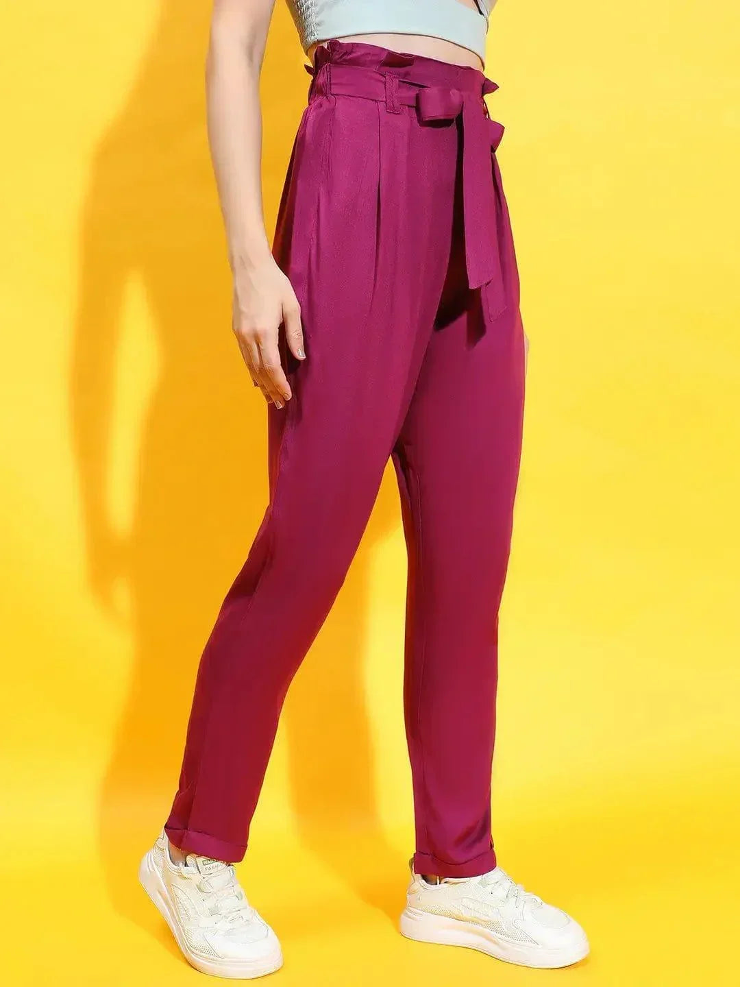 Enigmatic Maroon Elasticated Tie-Knotted Women Trouser - oxolloxo
